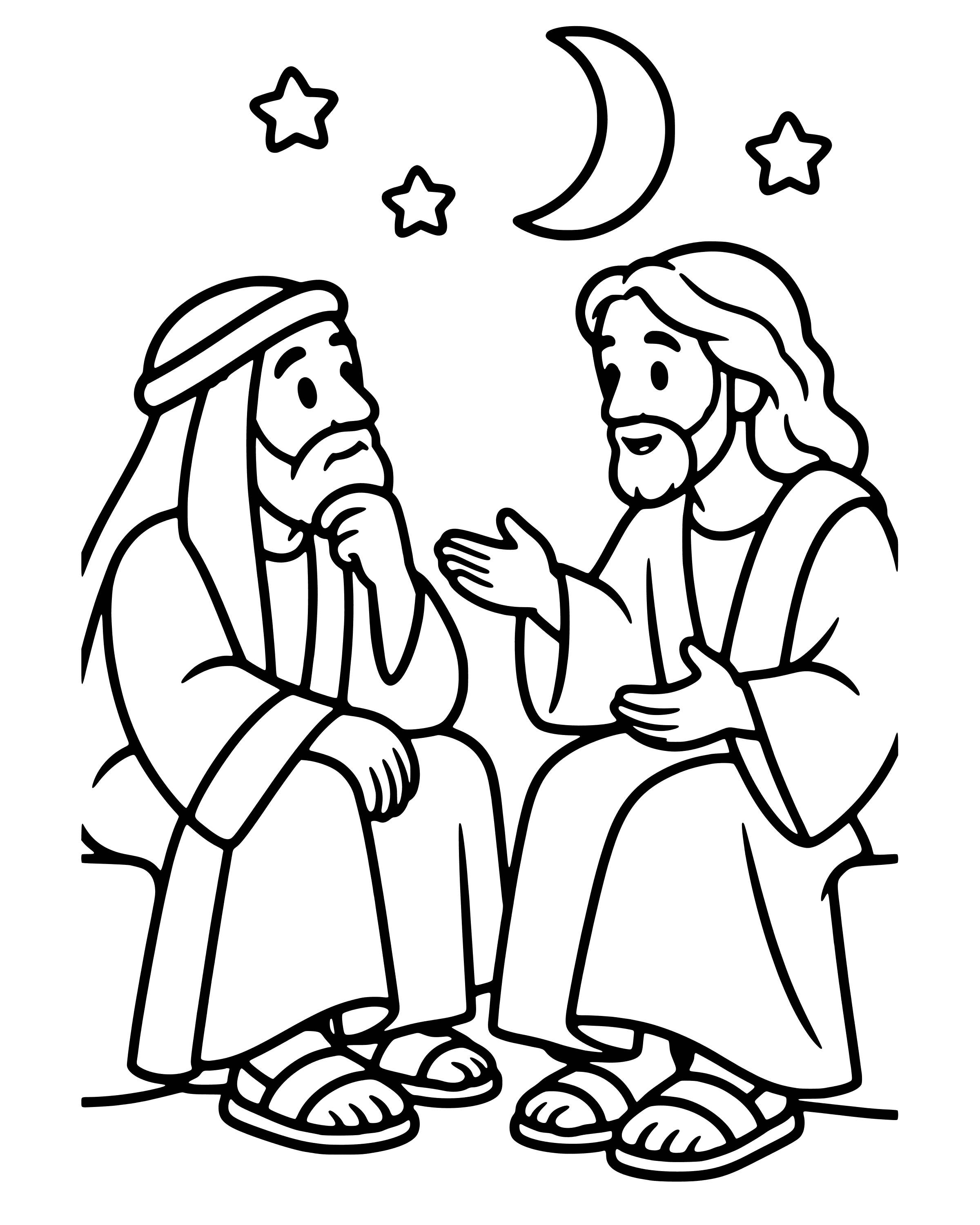 Nicodemus Visits Jesus at Night, easy printable coloring page for ages 2–4
