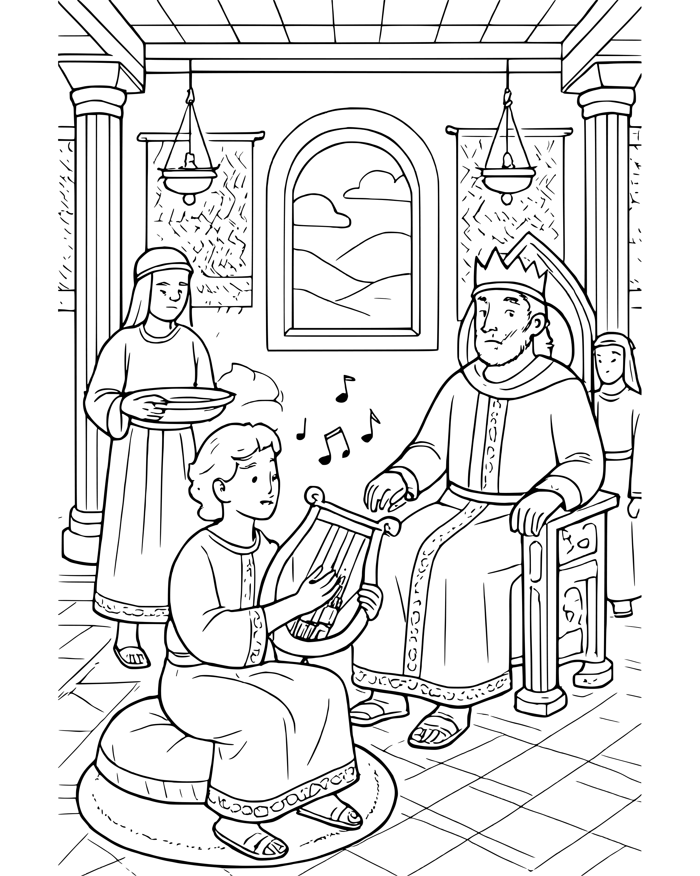 Detailed David Plays the Harp coloring page