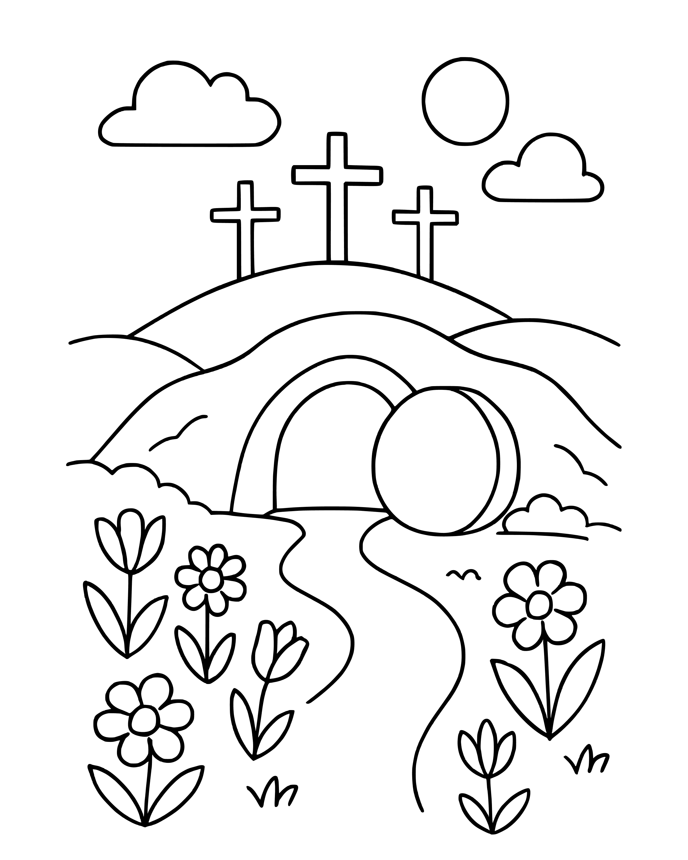 The Easter Garden – simple printable coloring page for ages 5–7