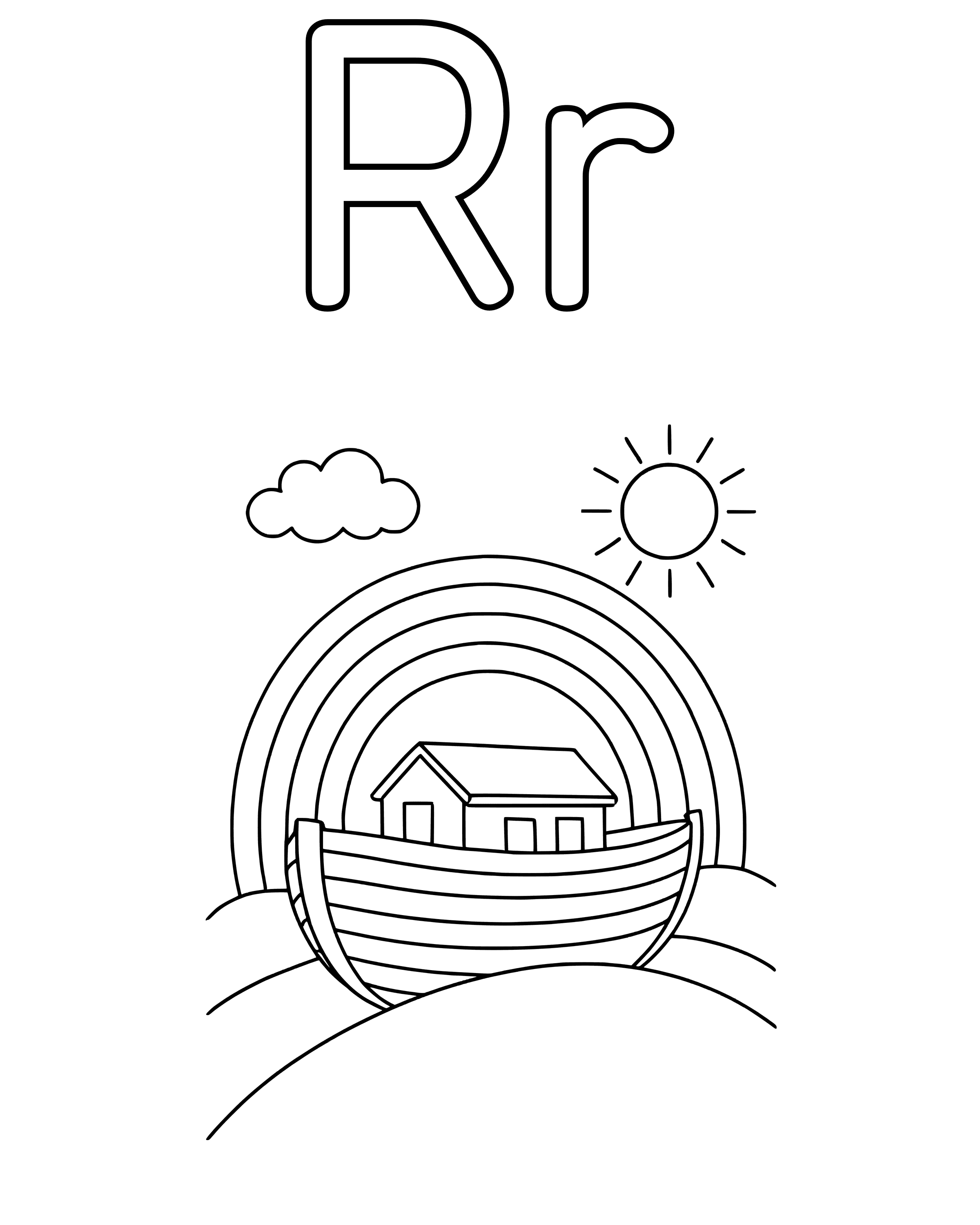 R Is for Rainbow – simple printable coloring page for ages 5–7