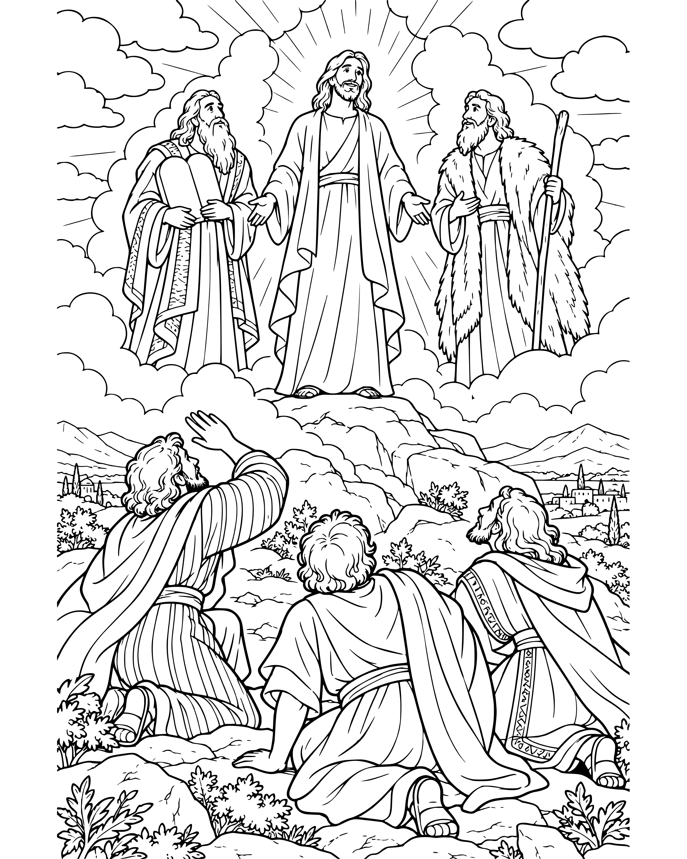 Jesus Shines on the Mountain, detailed printable coloring page for ages 8–12