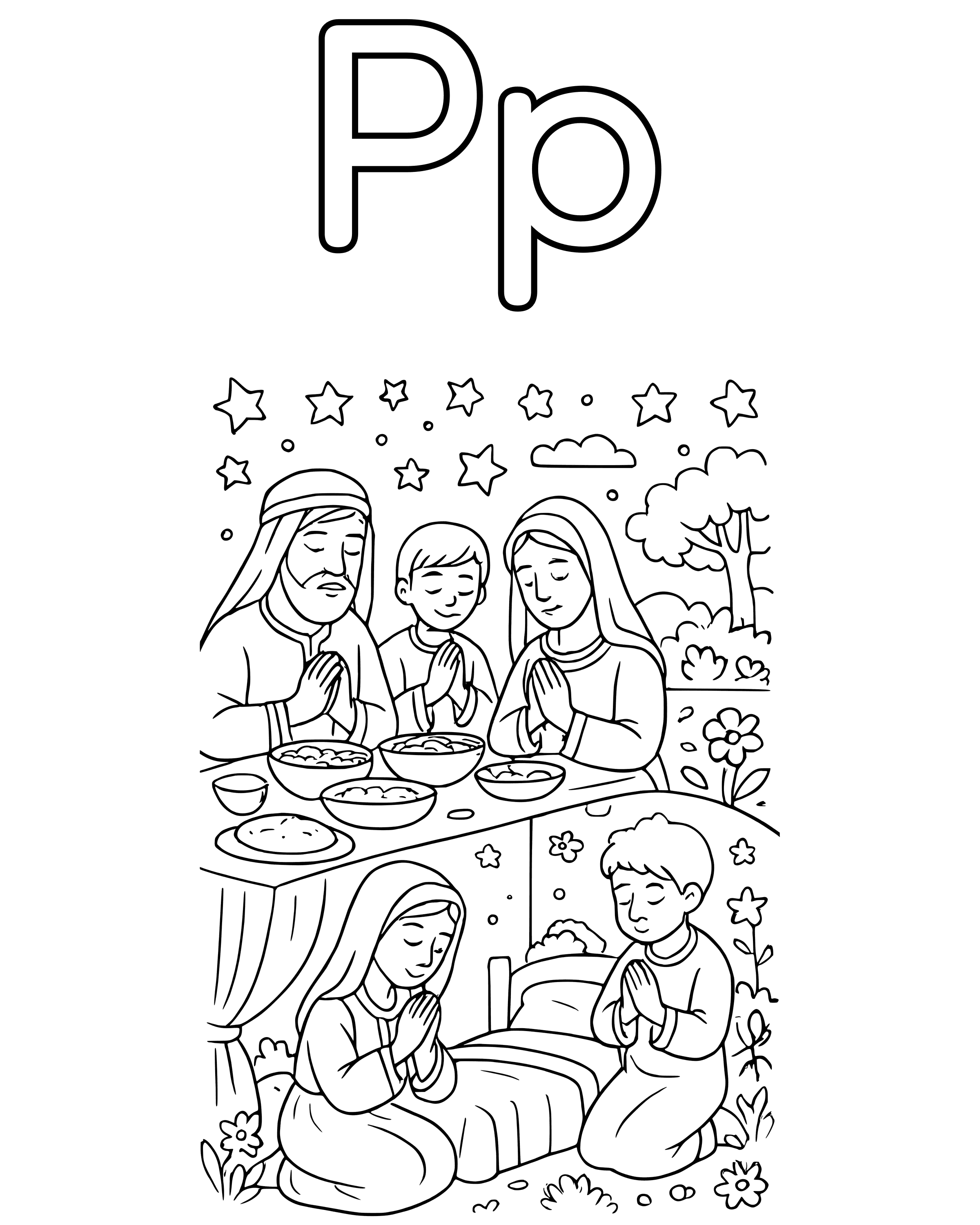 P Is for Pray – detailed printable coloring page for ages 8–12
