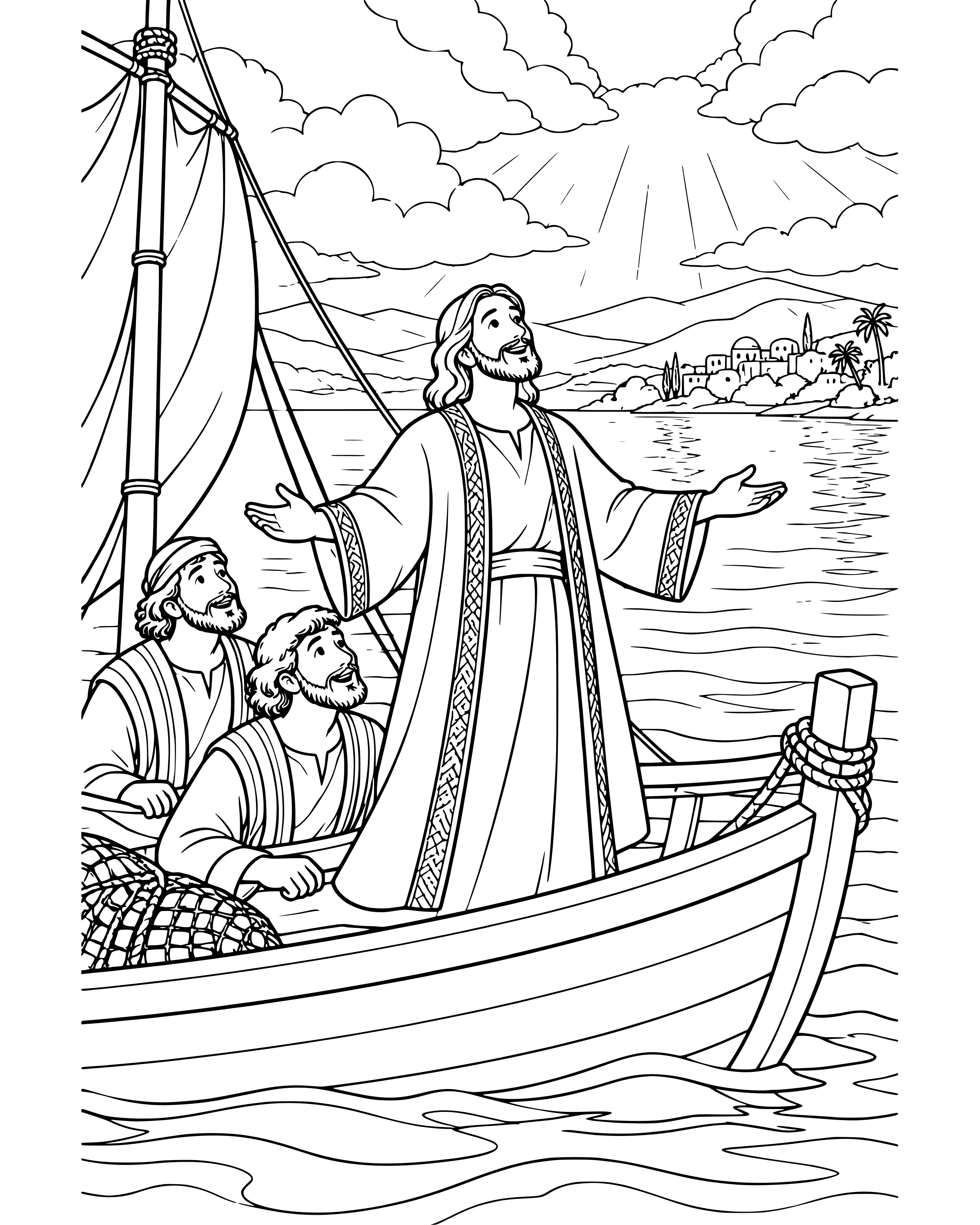 Jesus Calms the Storm, detailed printable coloring page for ages 8–12