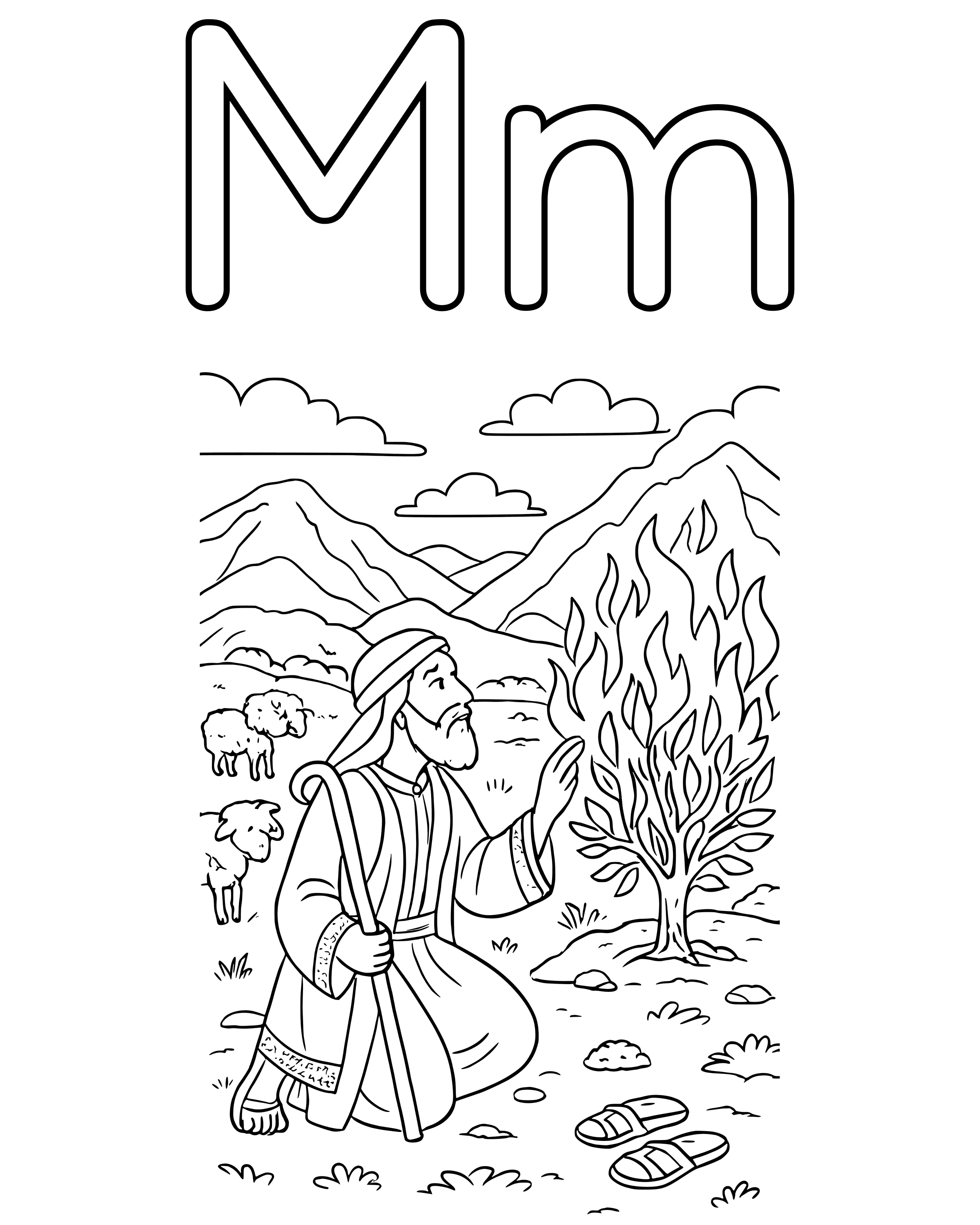 M Is for Moses – detailed printable coloring page for ages 8–12
