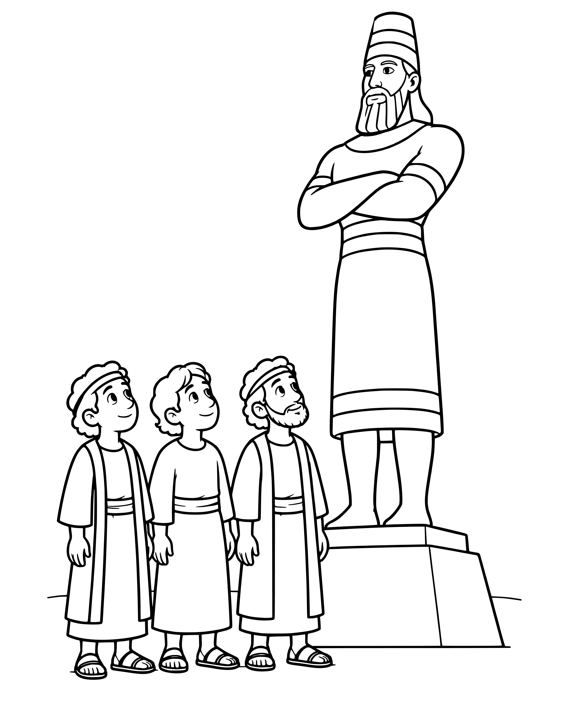 Three Friends Will Not Bow Down, simple printable coloring page for ages 5–7