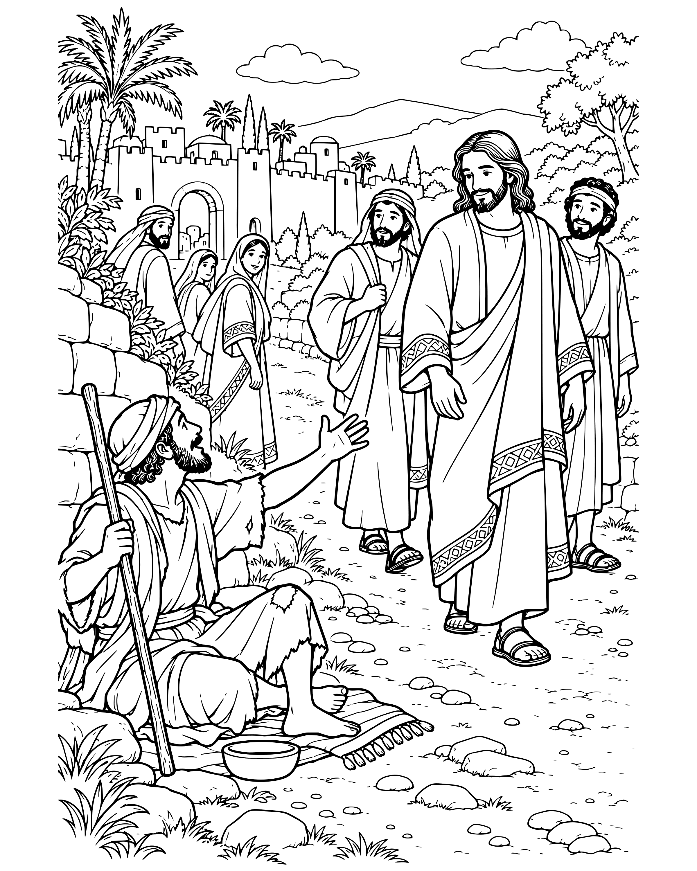 Bartimaeus Calls Out to Jesus, detailed printable coloring page for ages 8–12
