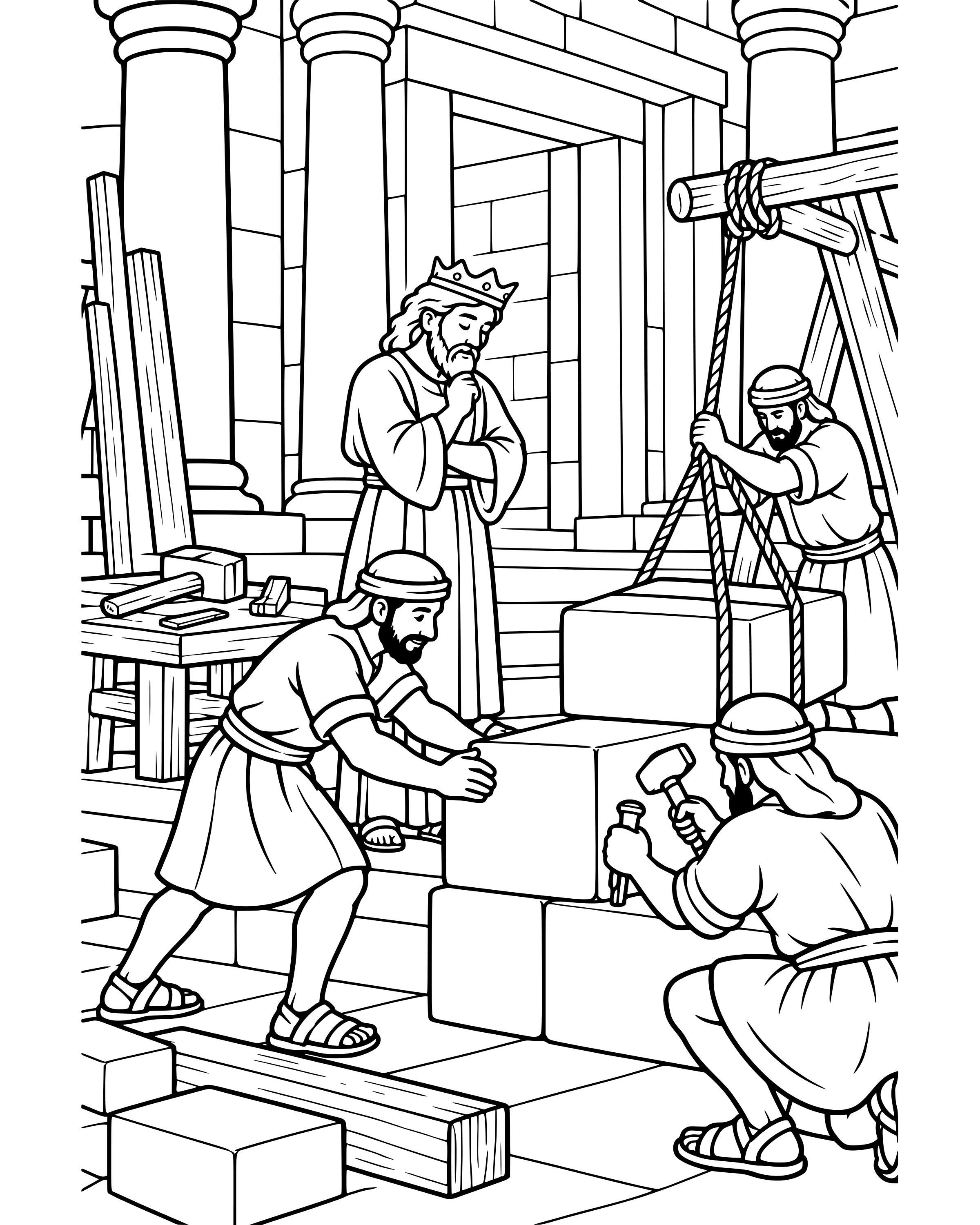 Detailed Solomon Builds the Temple coloring page