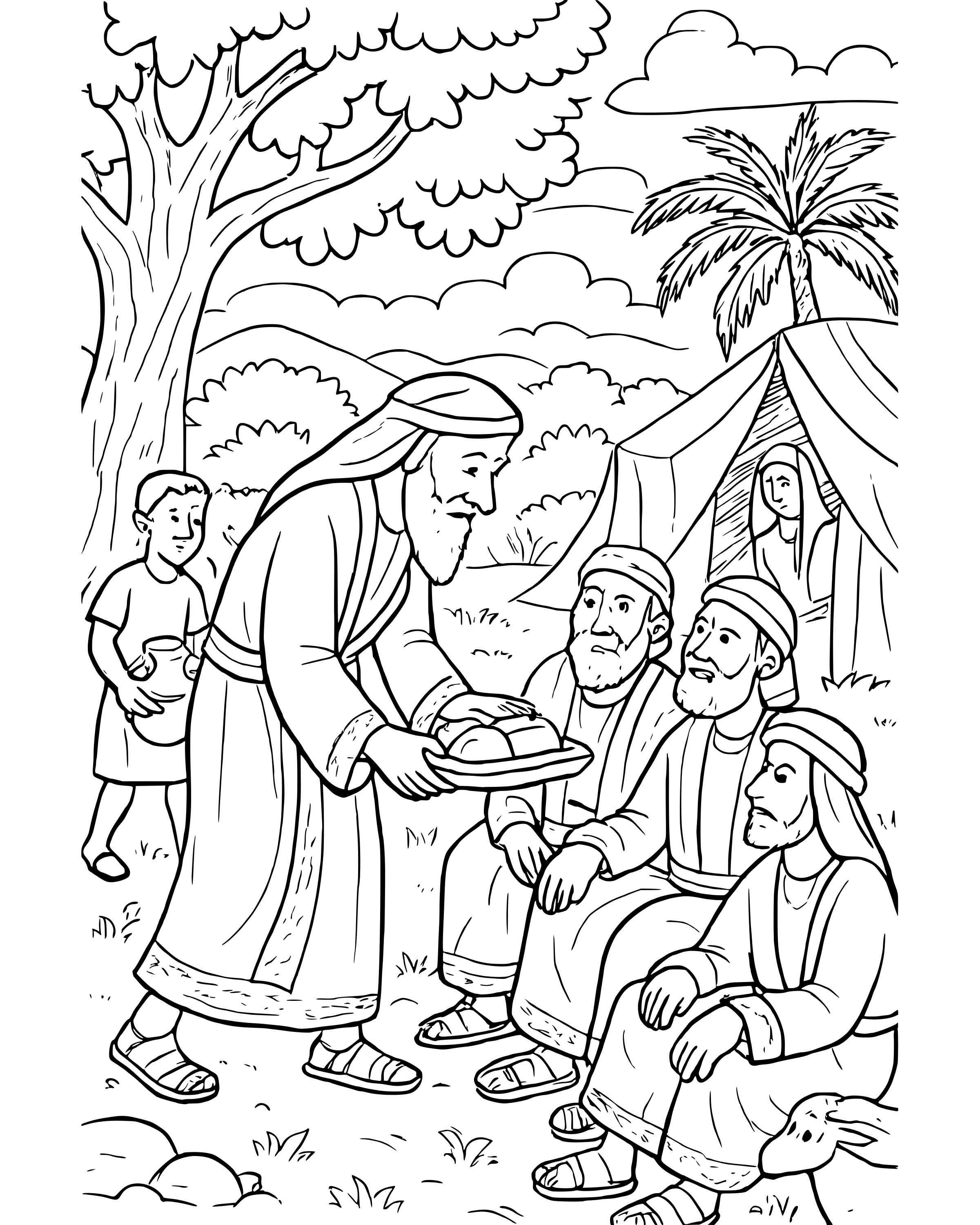 Detailed Abraham Welcomes Three Visitors coloring page