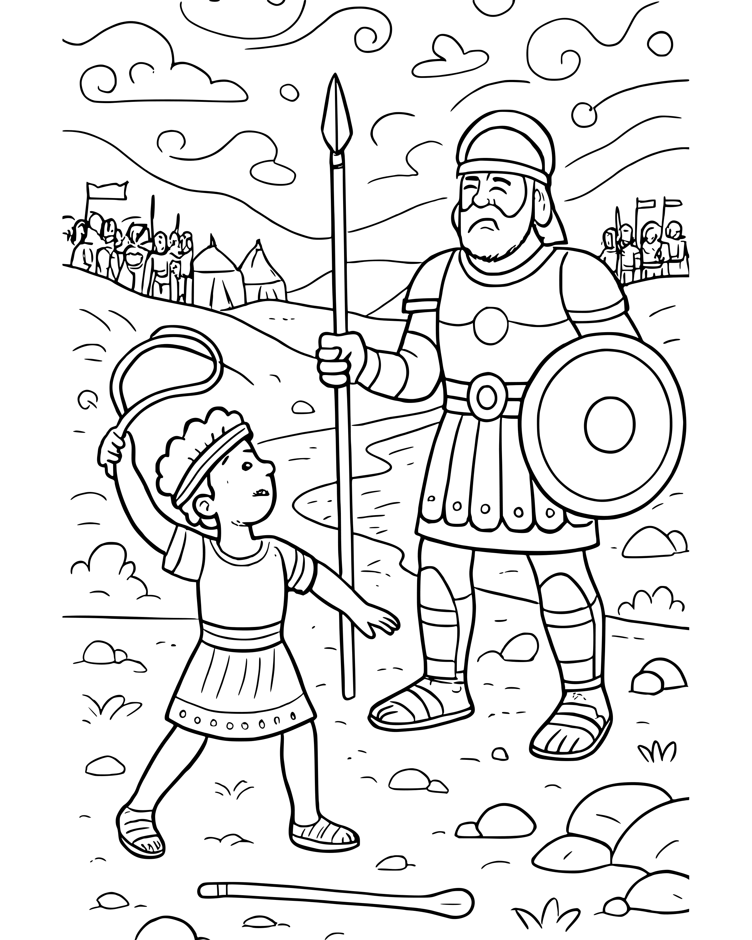 David Faces Goliath – detailed printable coloring page for ages 8–12