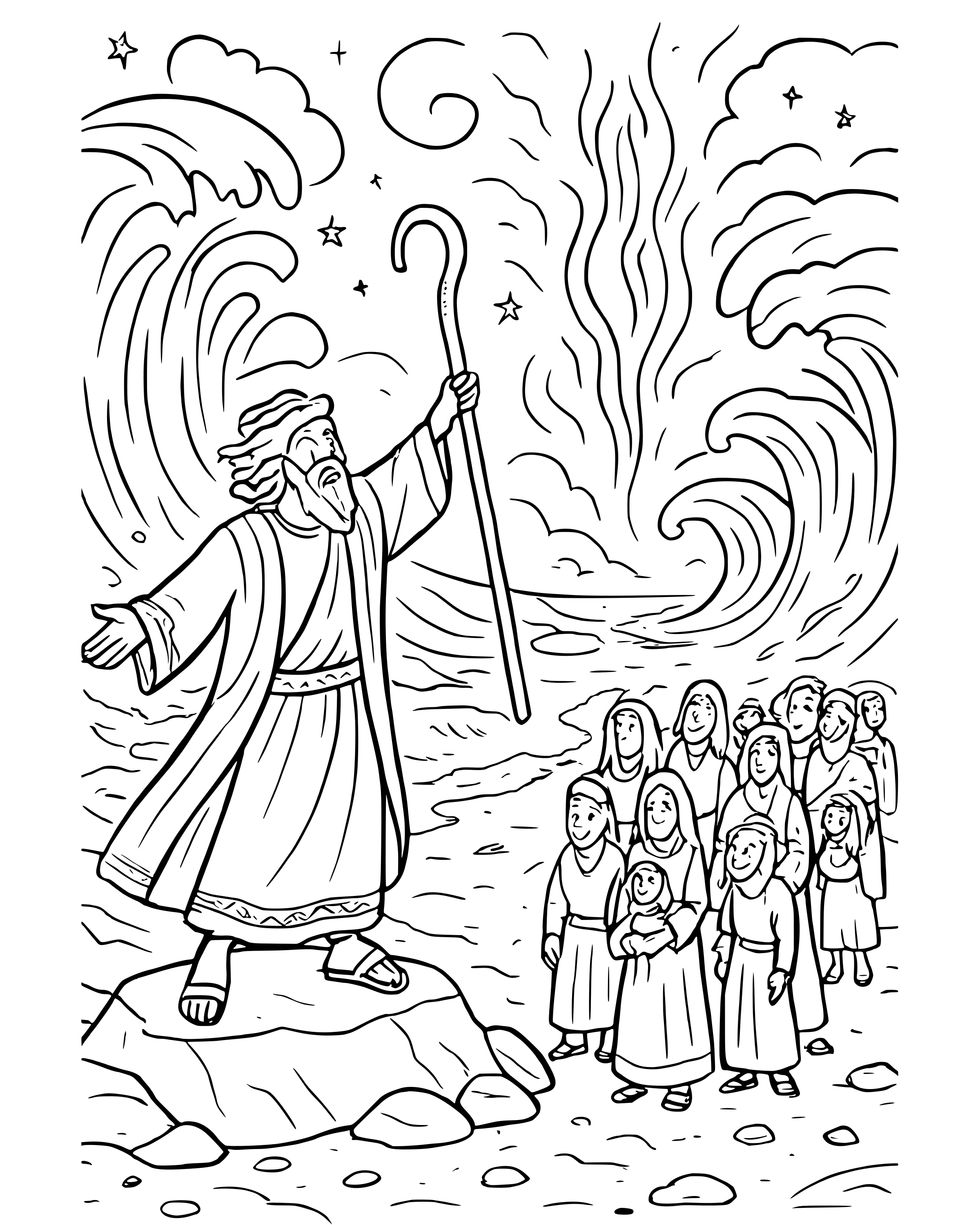 Detailed Moses Parts the Red Sea coloring page