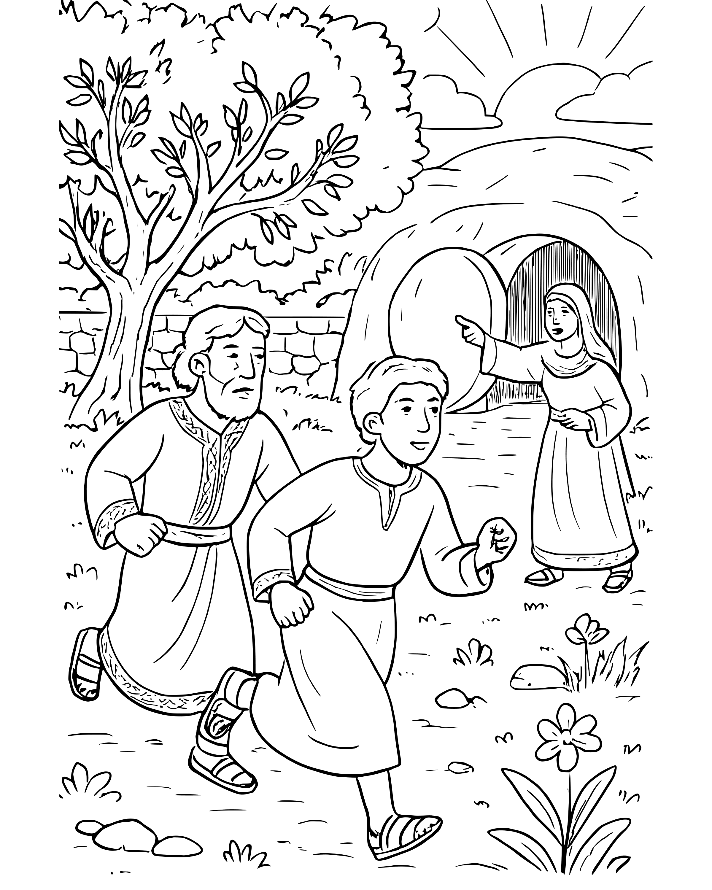 Detailed Peter and John Run to the Tomb coloring page