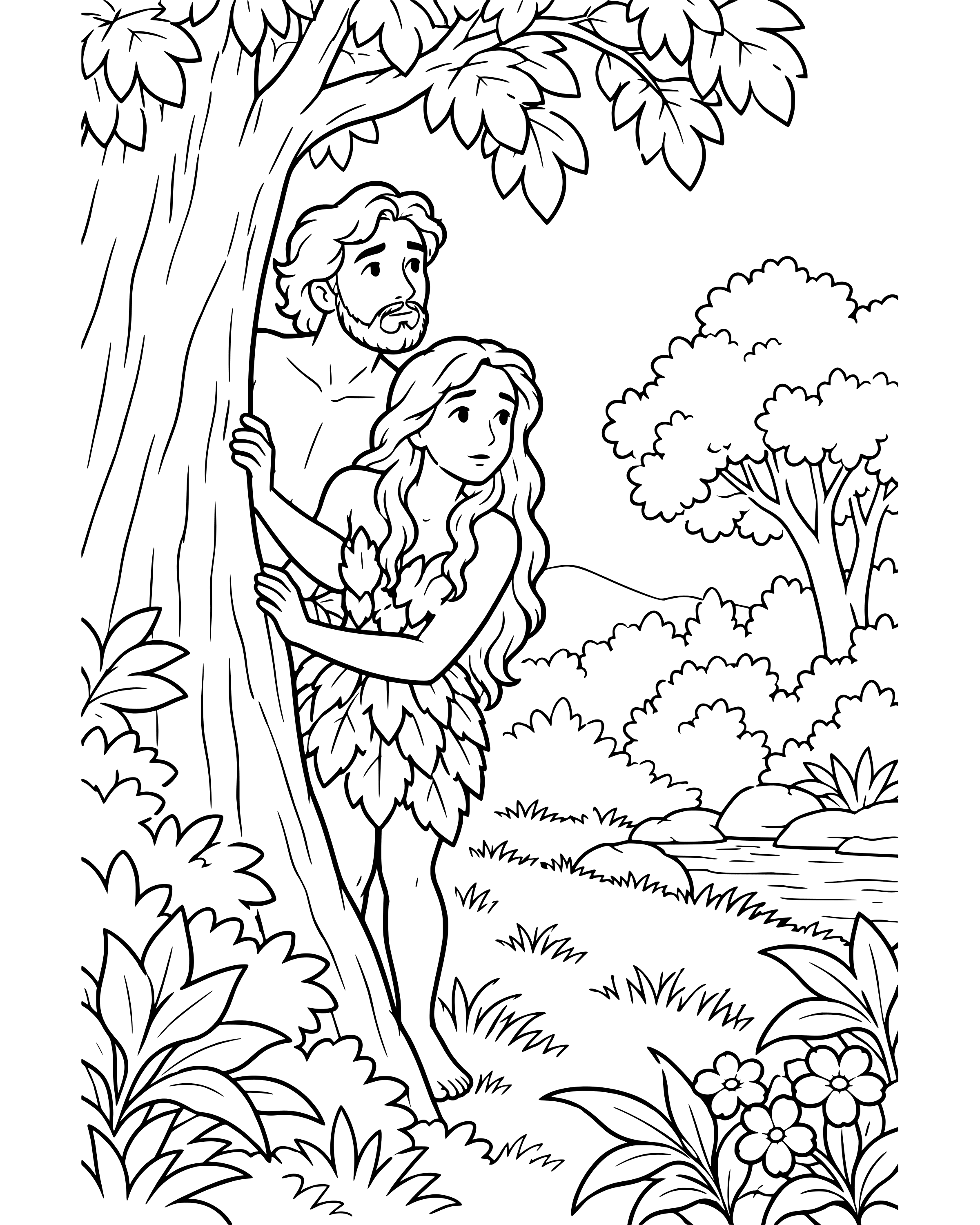 God Calls to Adam and Eve, simple printable coloring page for ages 5–7