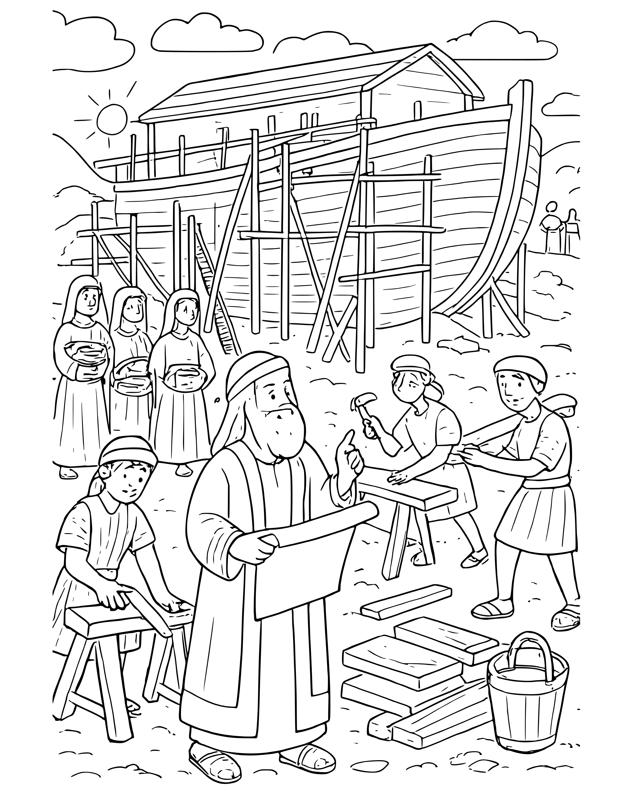 Detailed Noah Builds the Ark coloring page