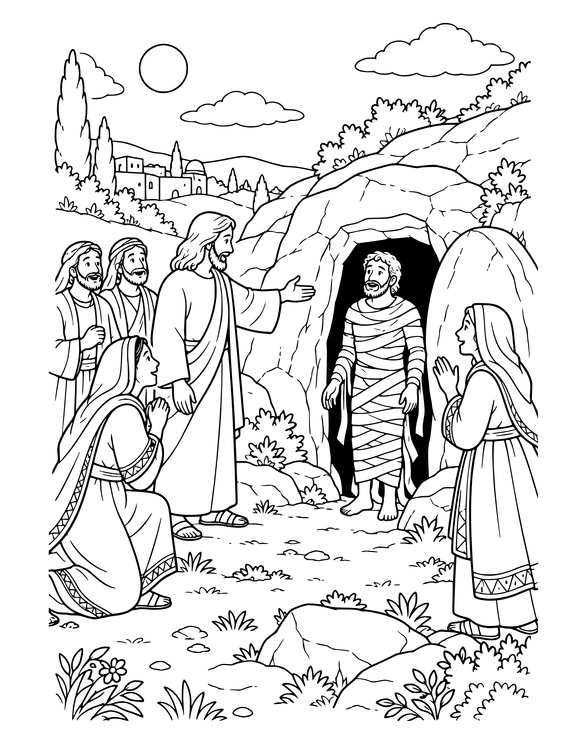 Lazarus, Come Out!, detailed printable coloring page for ages 8–12