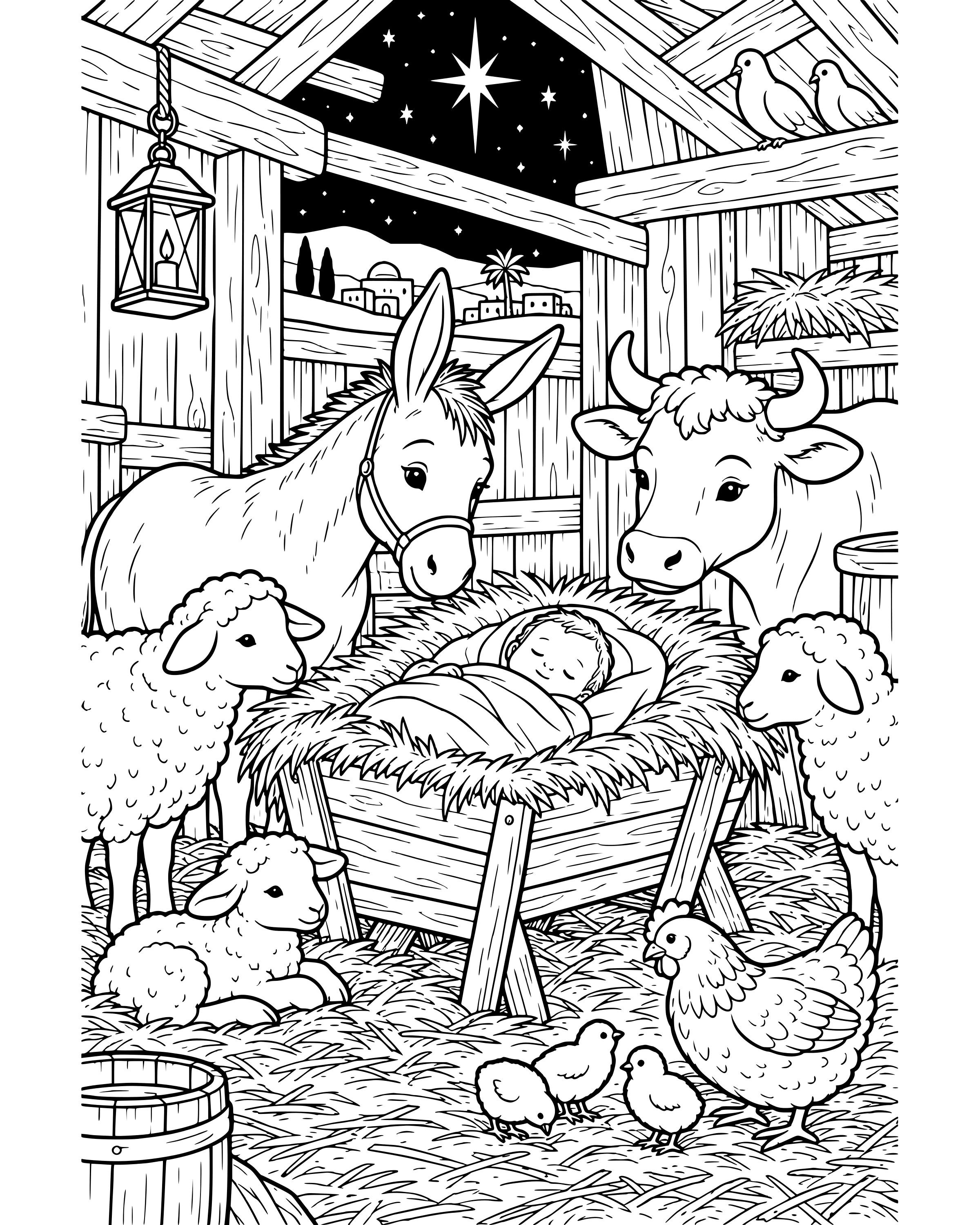 Detailed Animals Around the Manger coloring page