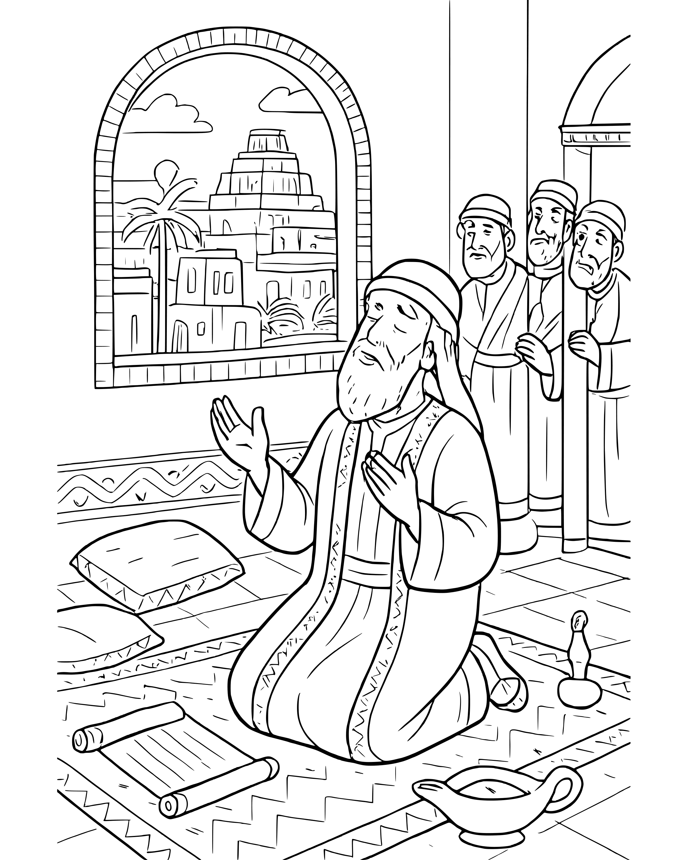 Daniel Prays at His Window – detailed printable coloring page for ages 8–12