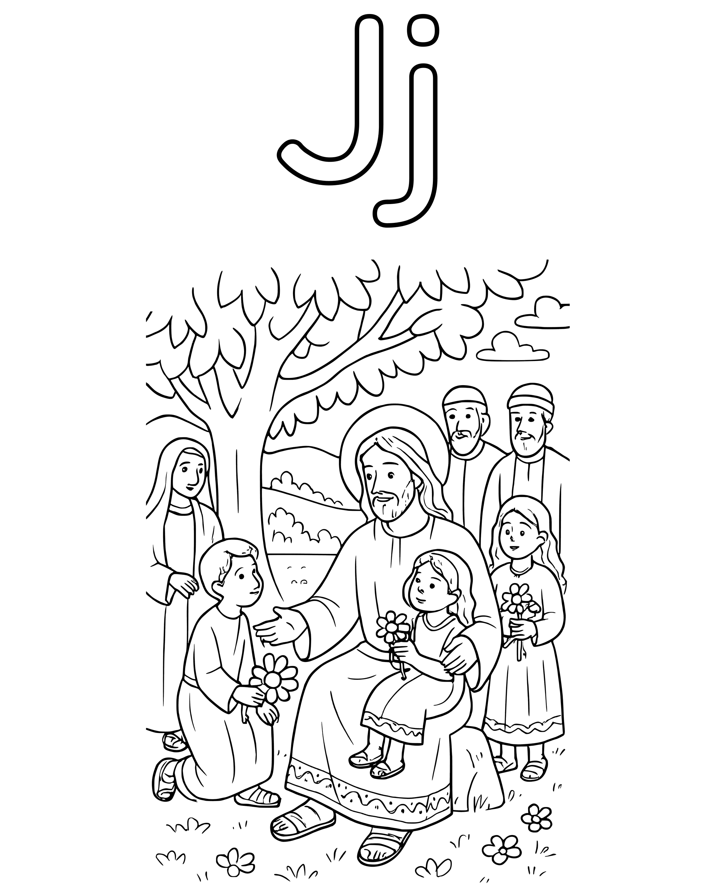 Detailed J Is for Jesus coloring page