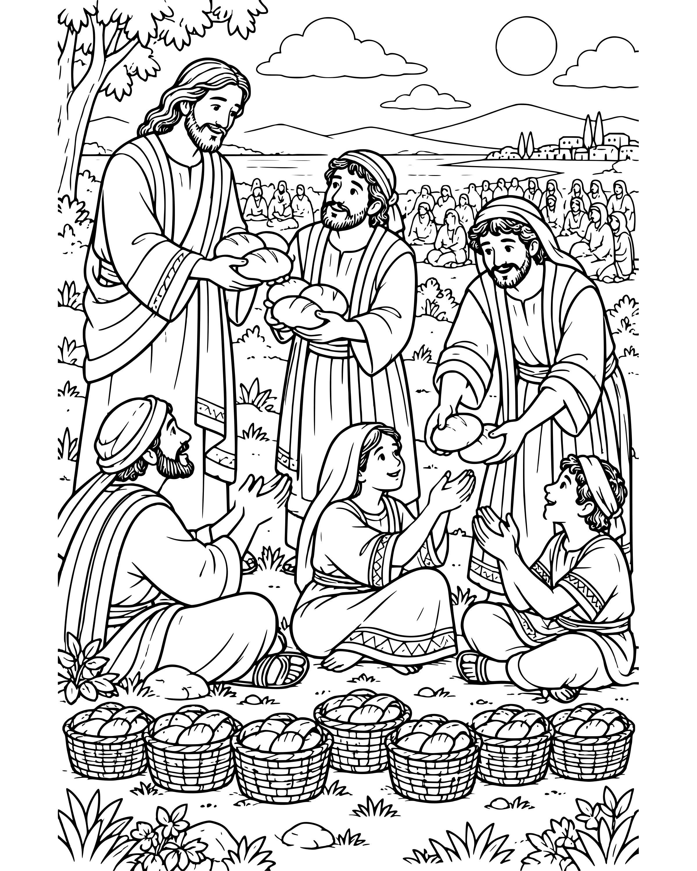 Detailed Jesus Feeds Four Thousand coloring page