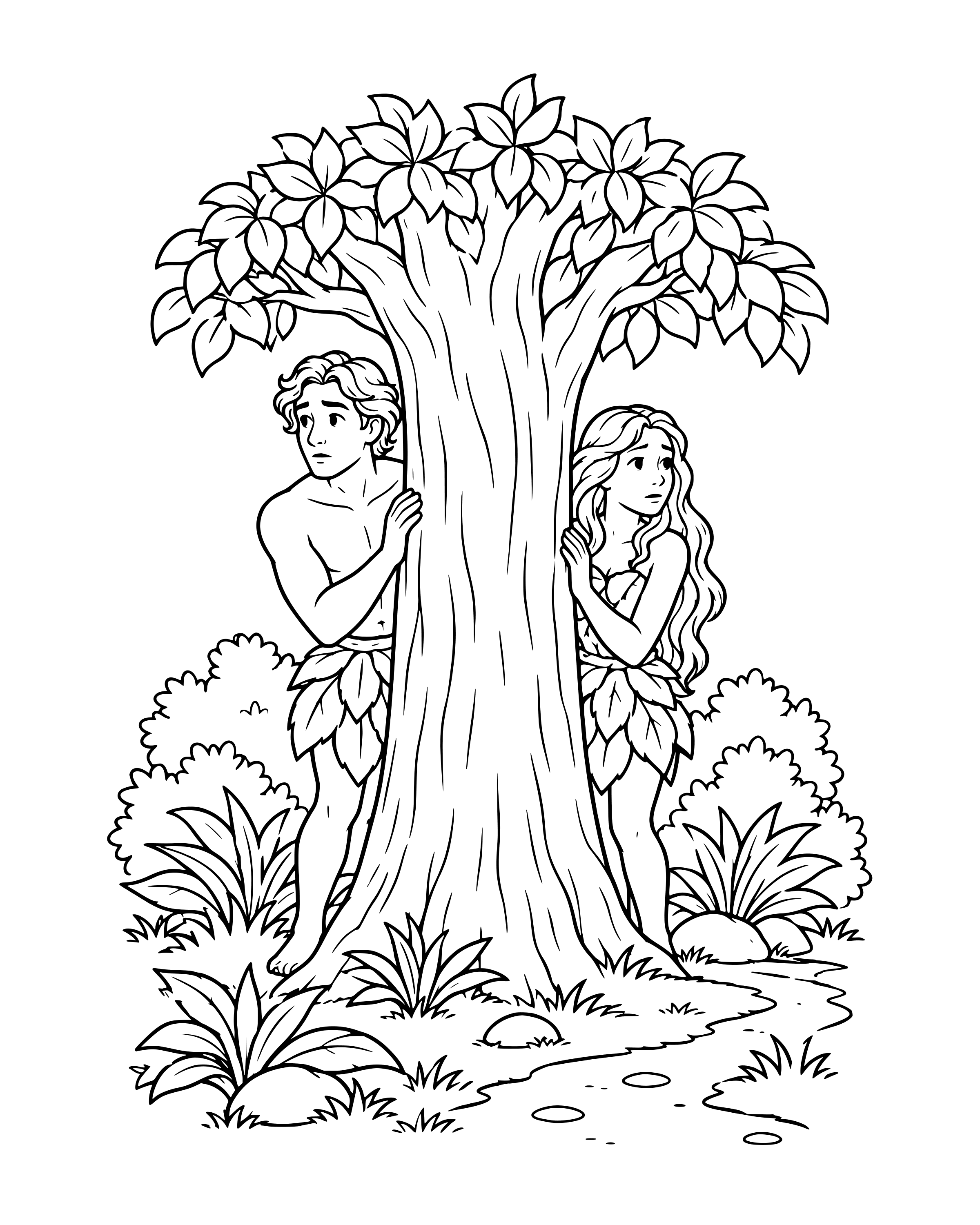 God Calls to Adam and Eve, detailed printable coloring page for ages 8–12