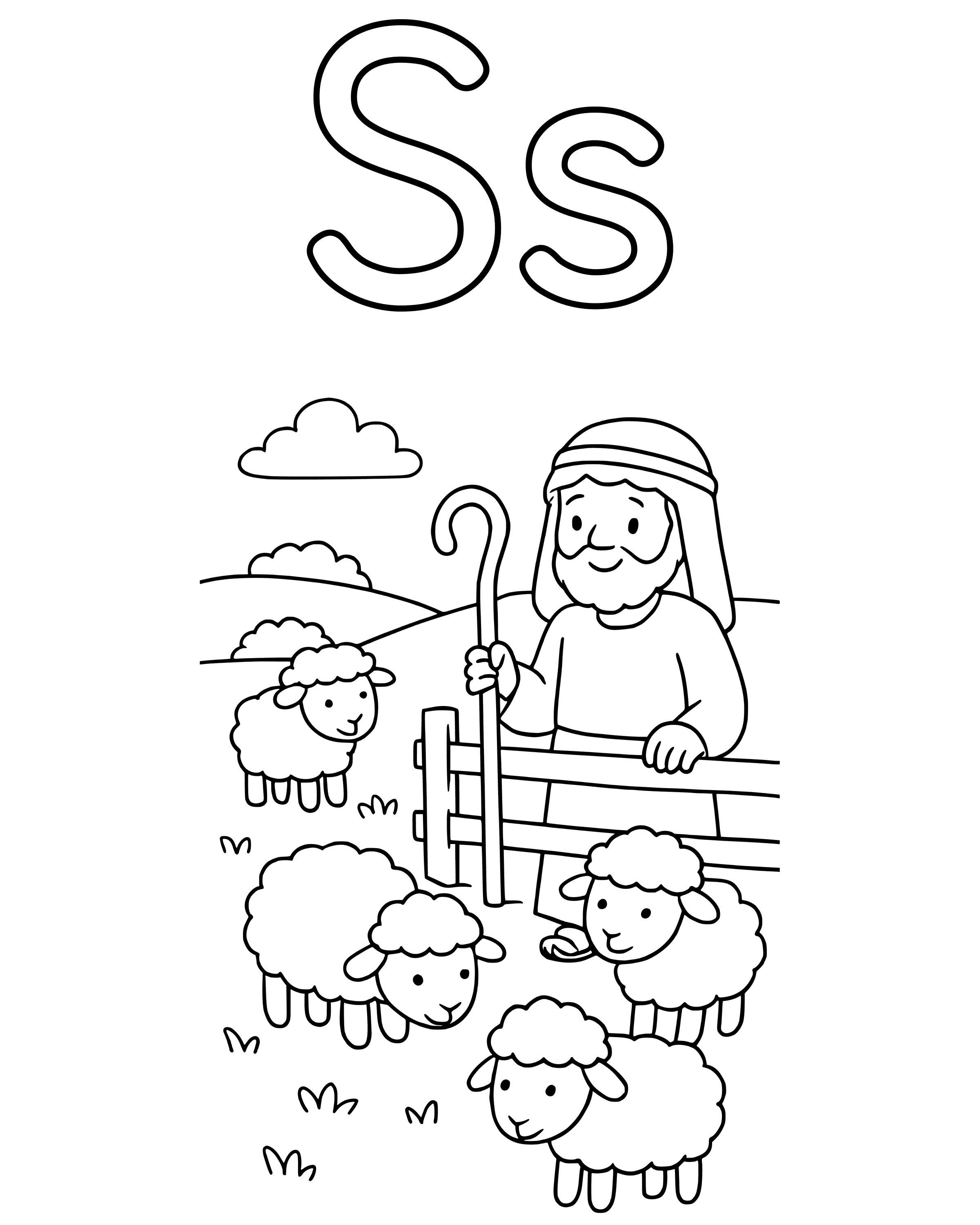 S Is for Sheep – simple printable coloring page for ages 5–7