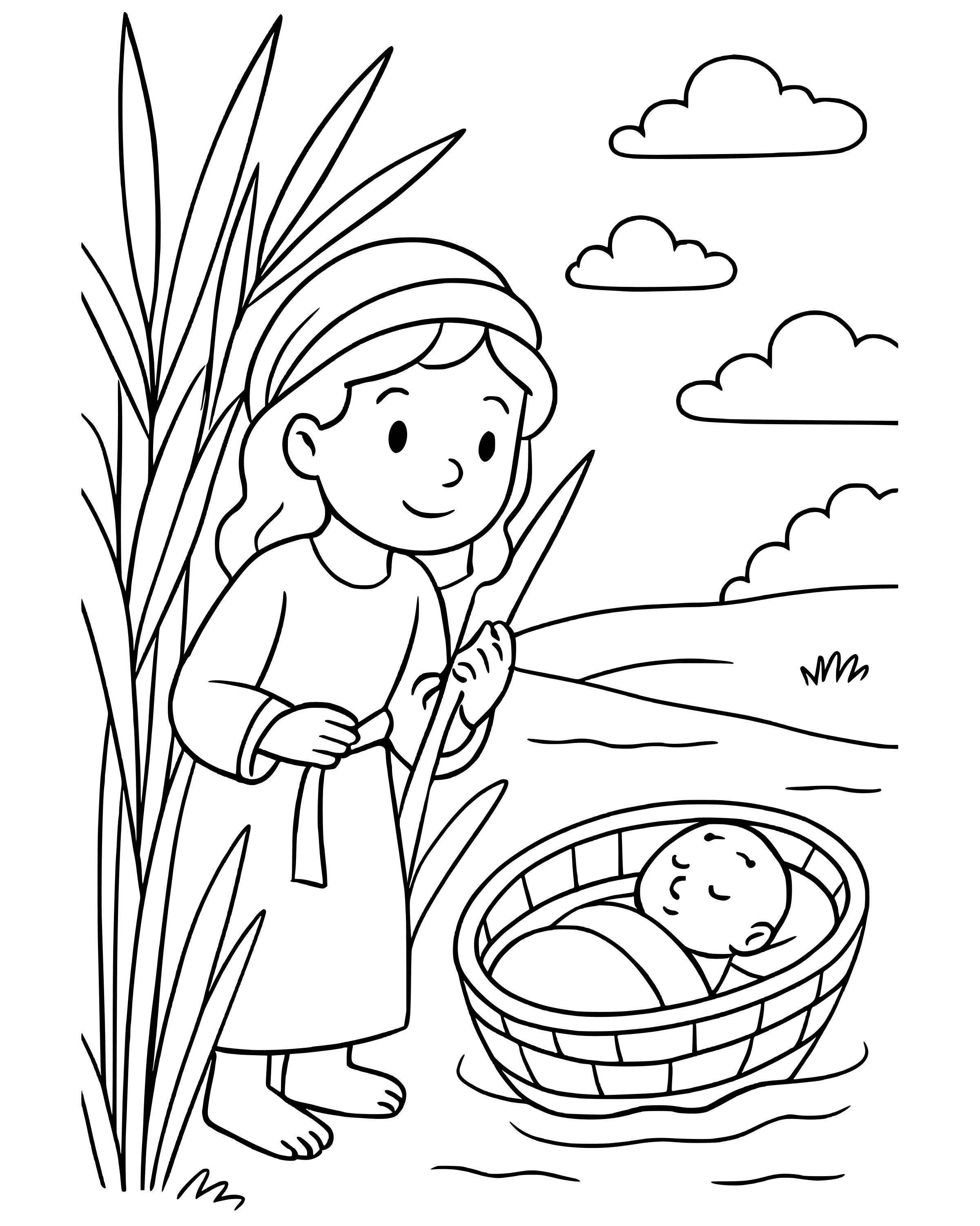 Simple Miriam Watches over Baby Moses coloring page