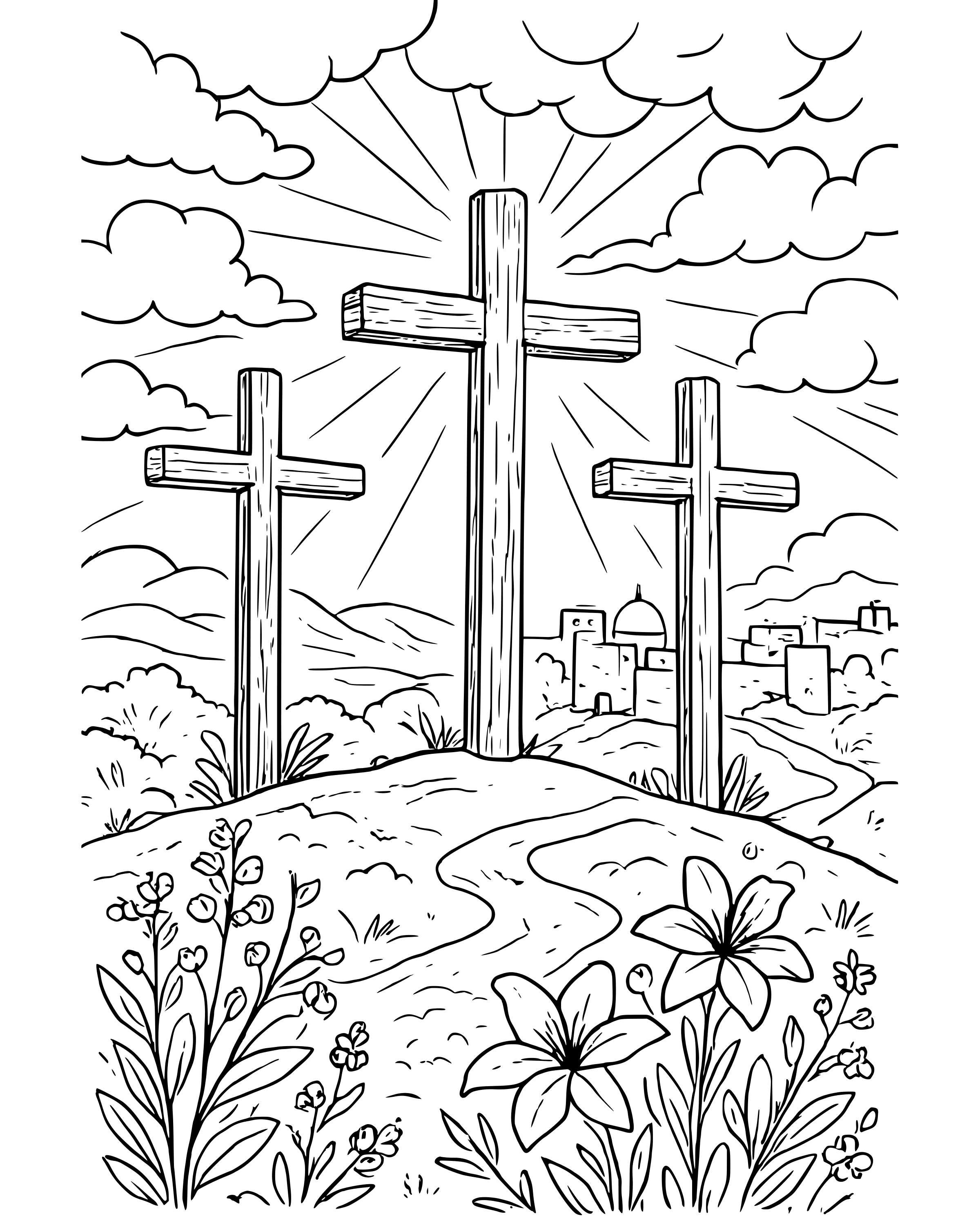 Three Crosses on a Hill – detailed printable coloring page for ages 8–12