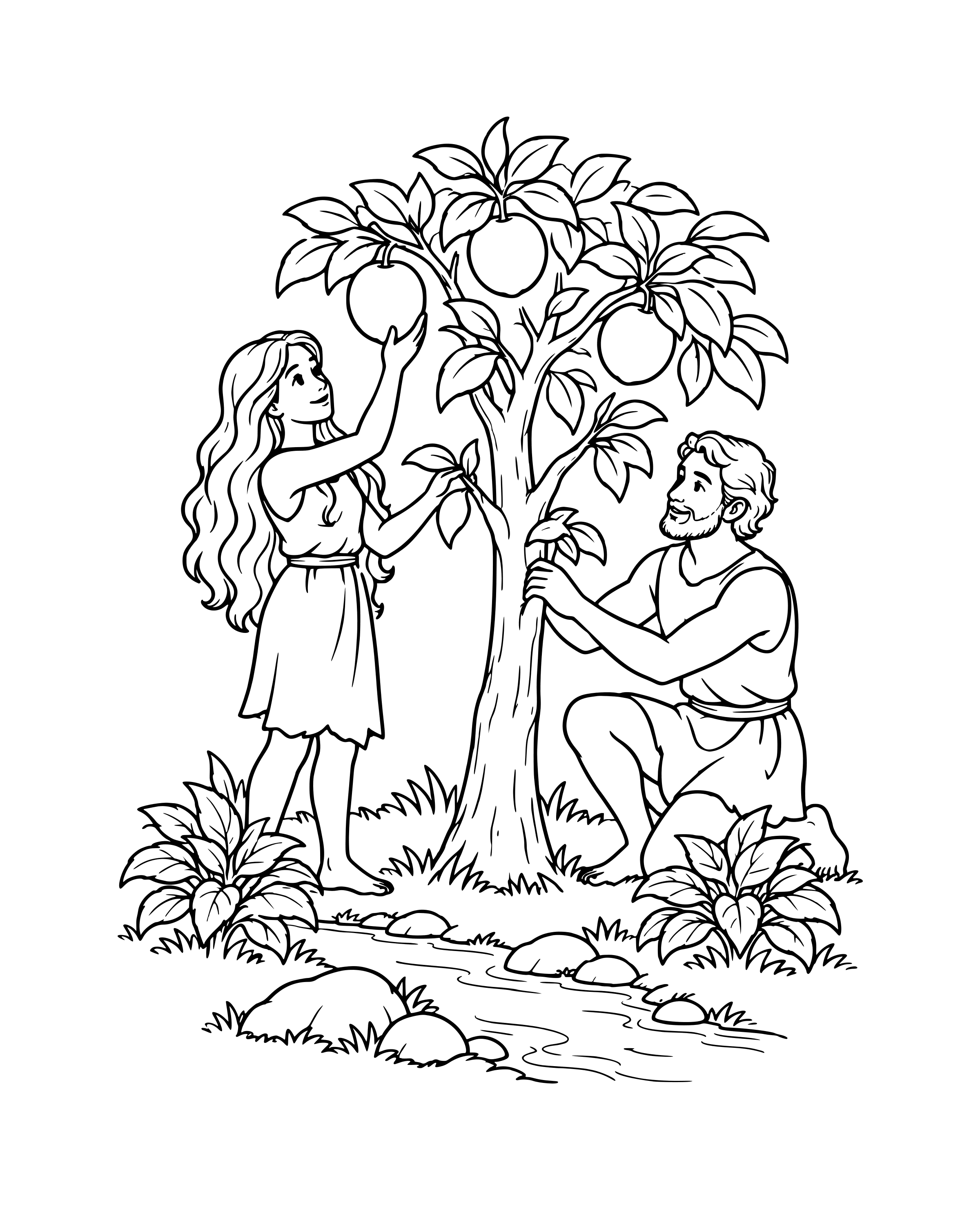 Detailed Adam and Eve in the Garden of Eden coloring page