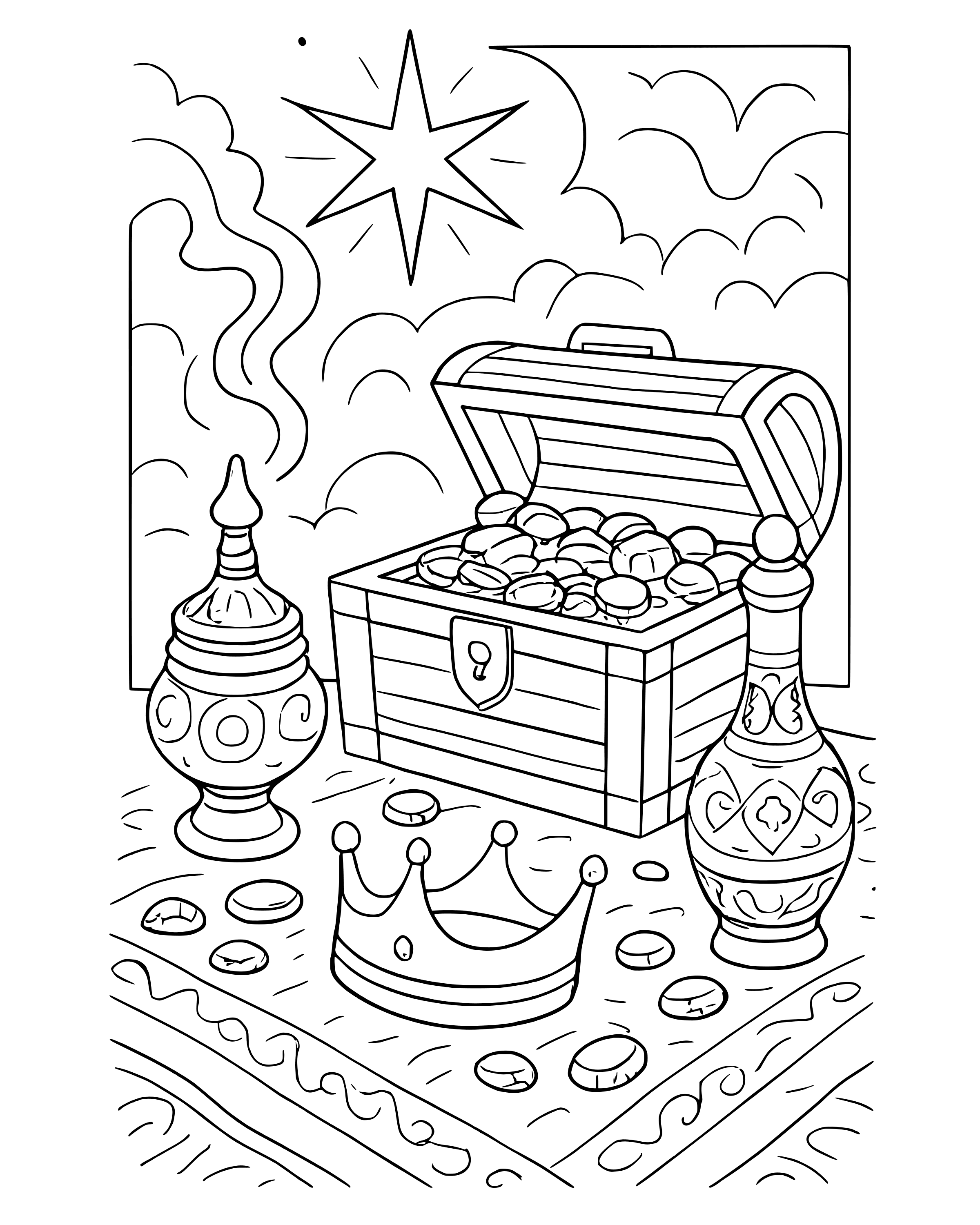 Detailed Gold, Frankincense and Myrrh coloring page