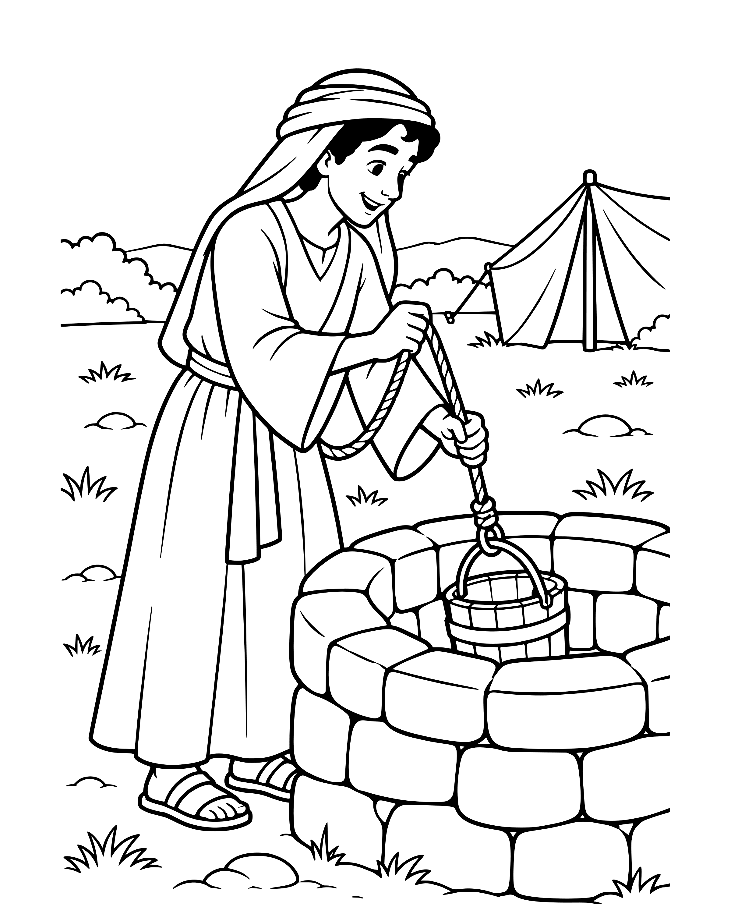 Isaac Digs Wells, simple printable coloring page for ages 5–7