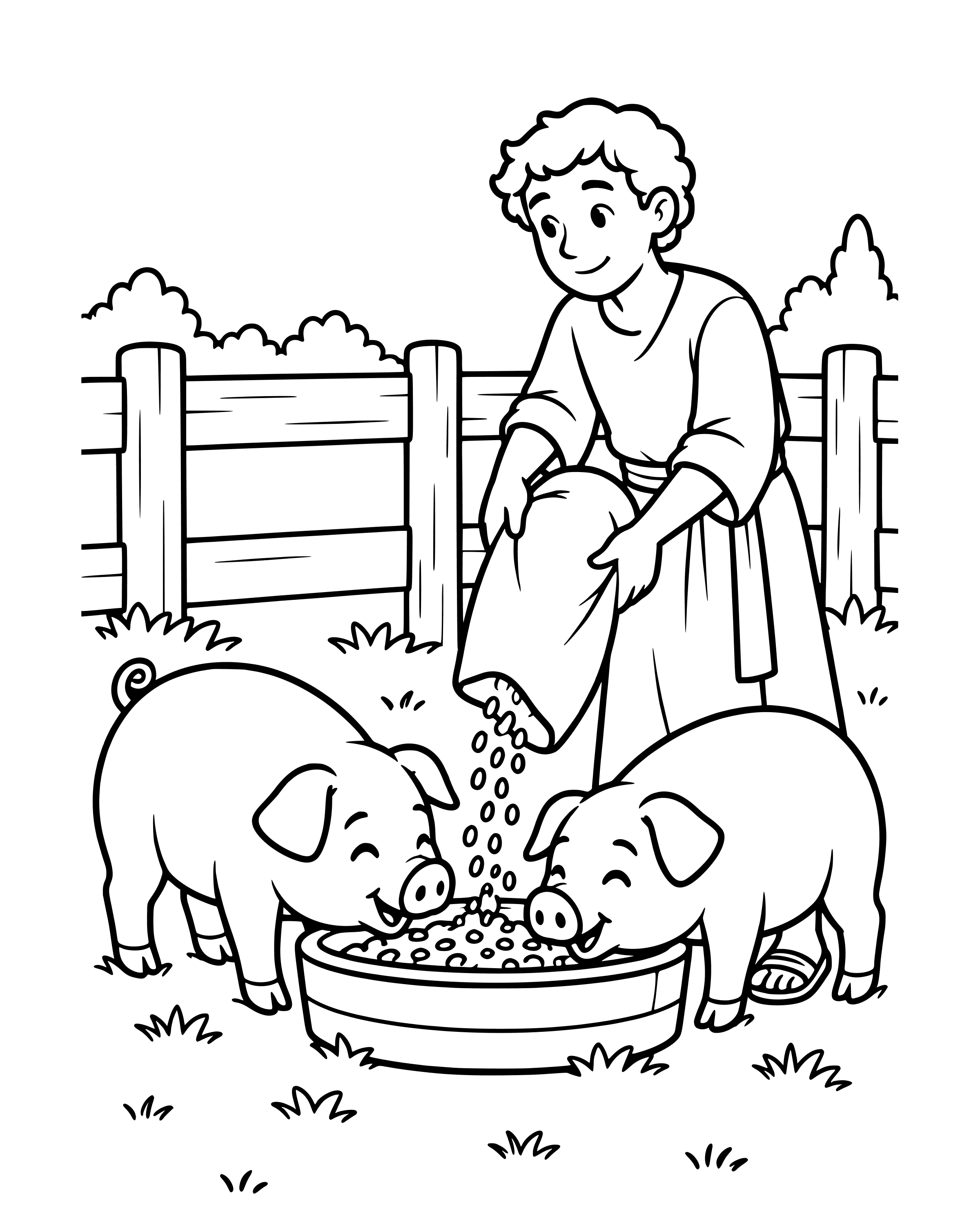 The Son Feeds the Pigs, easy printable coloring page for ages 2–4