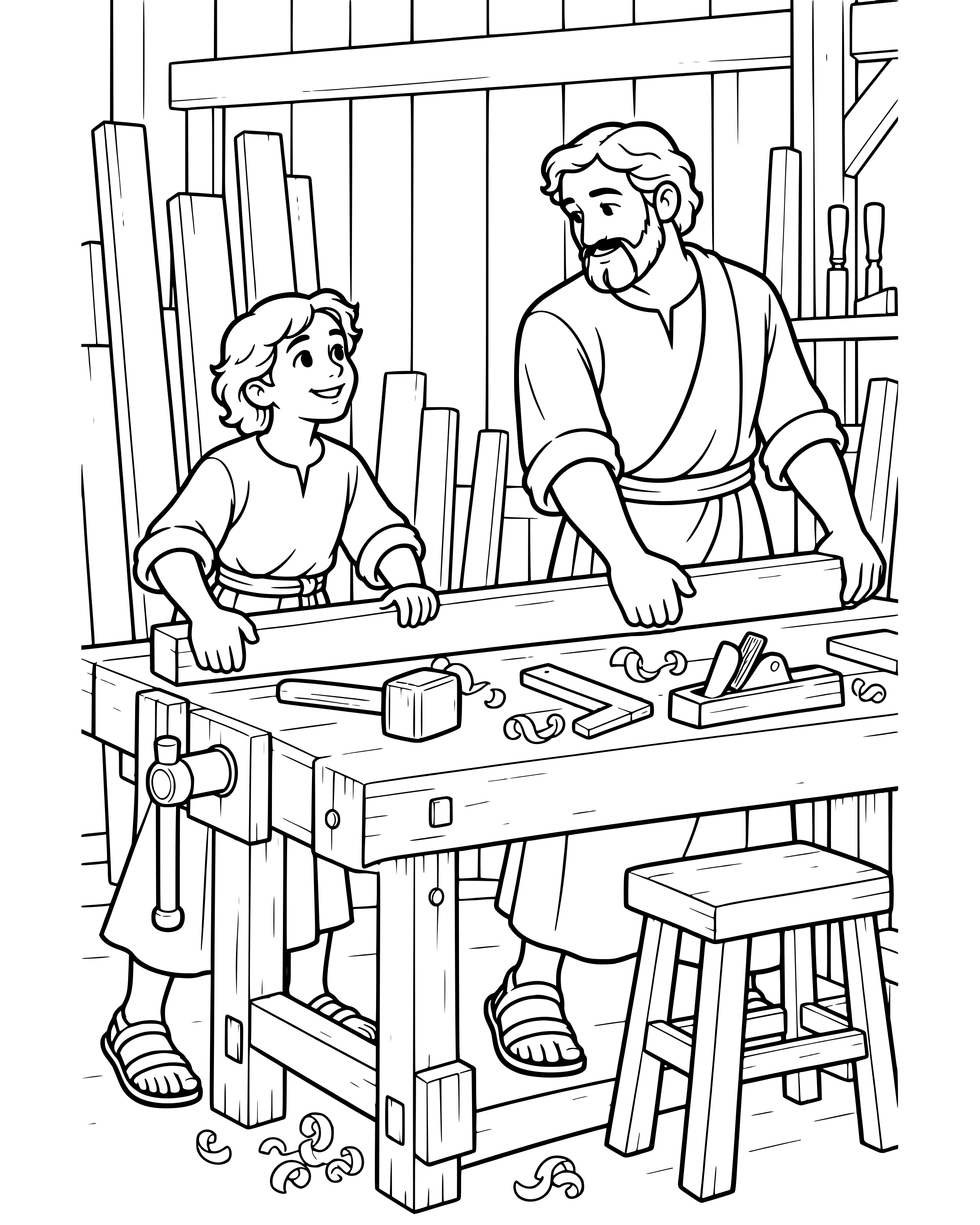 Detailed Young Jesus in the Carpenter's Shop coloring page