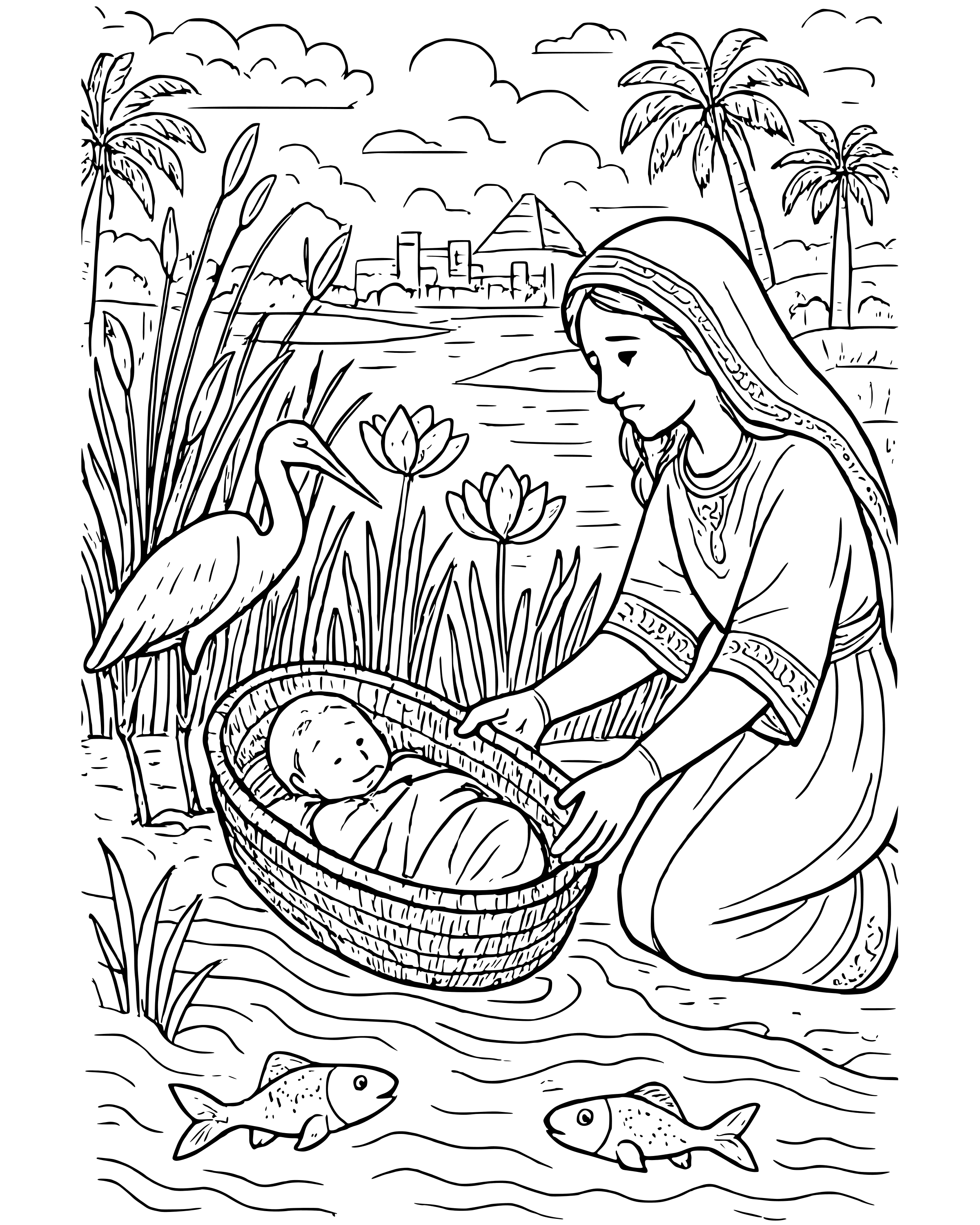Detailed Baby Moses in the Basket coloring page