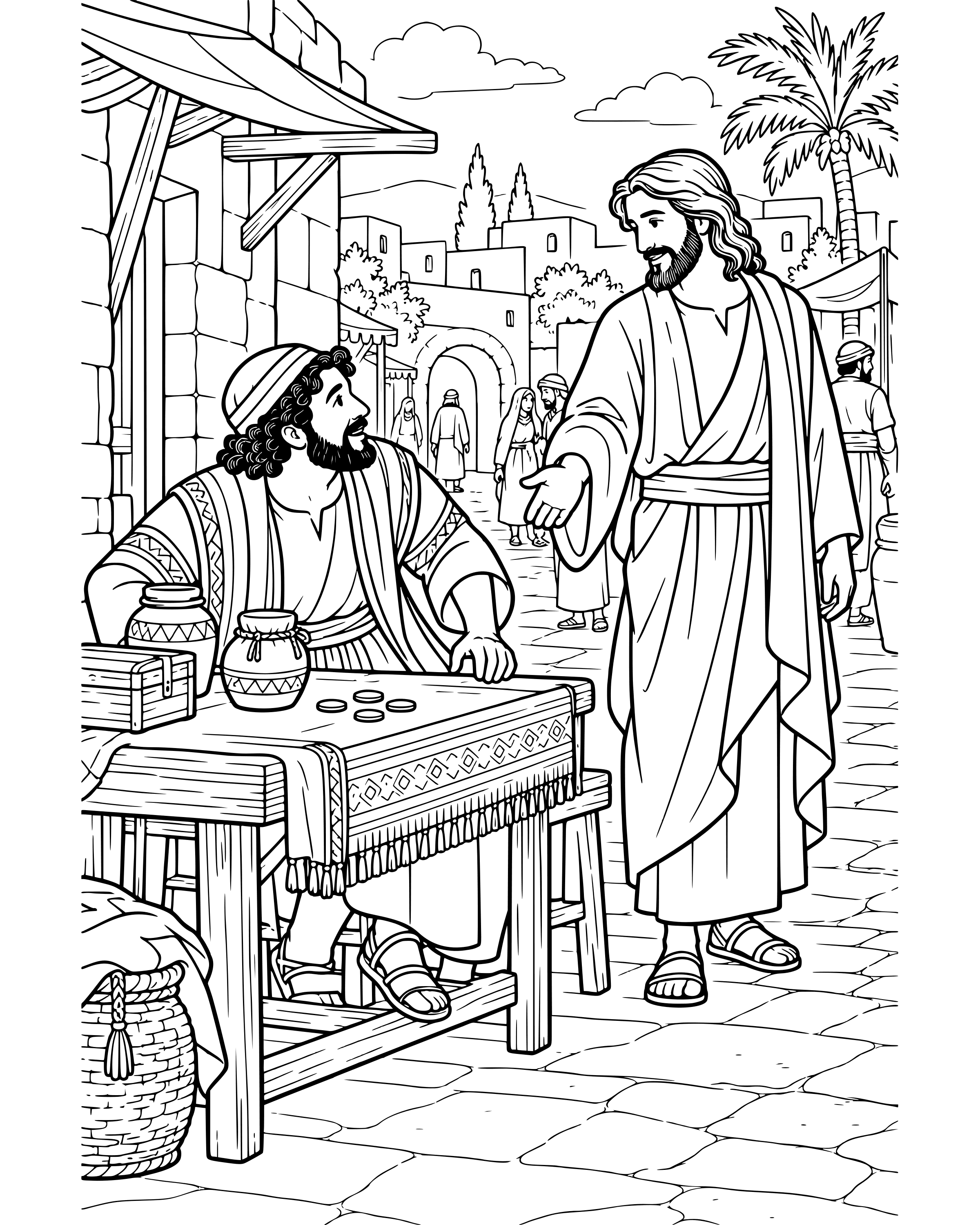 Jesus Calls Matthew, detailed printable coloring page for ages 8–12