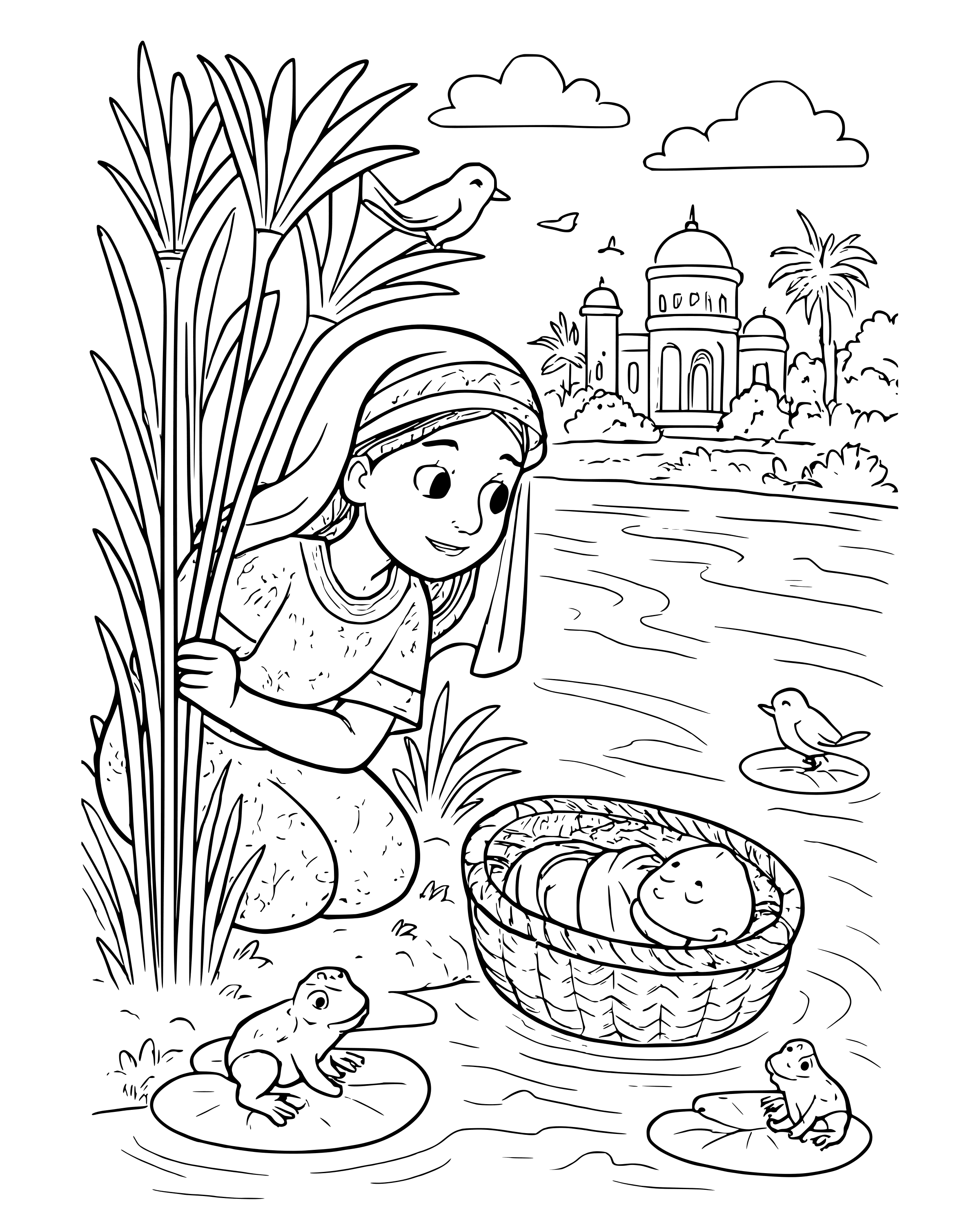 Detailed Miriam Watches over Baby Moses coloring page