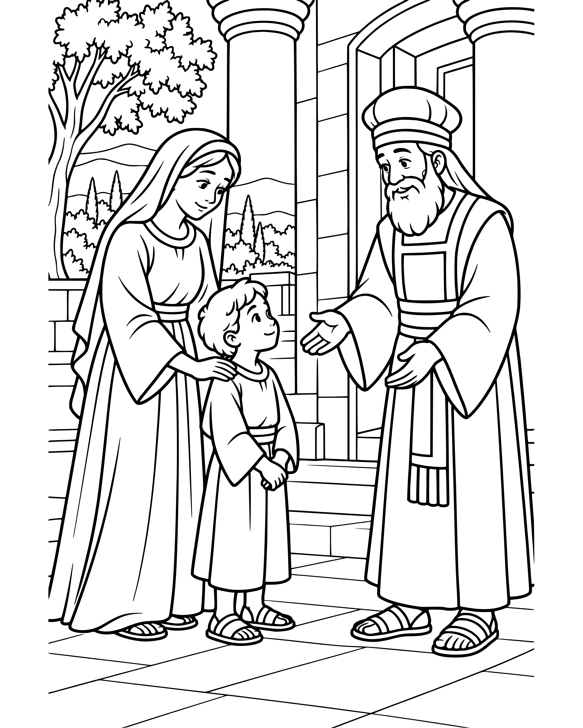 Detailed Hannah Brings Samuel to the Temple coloring page