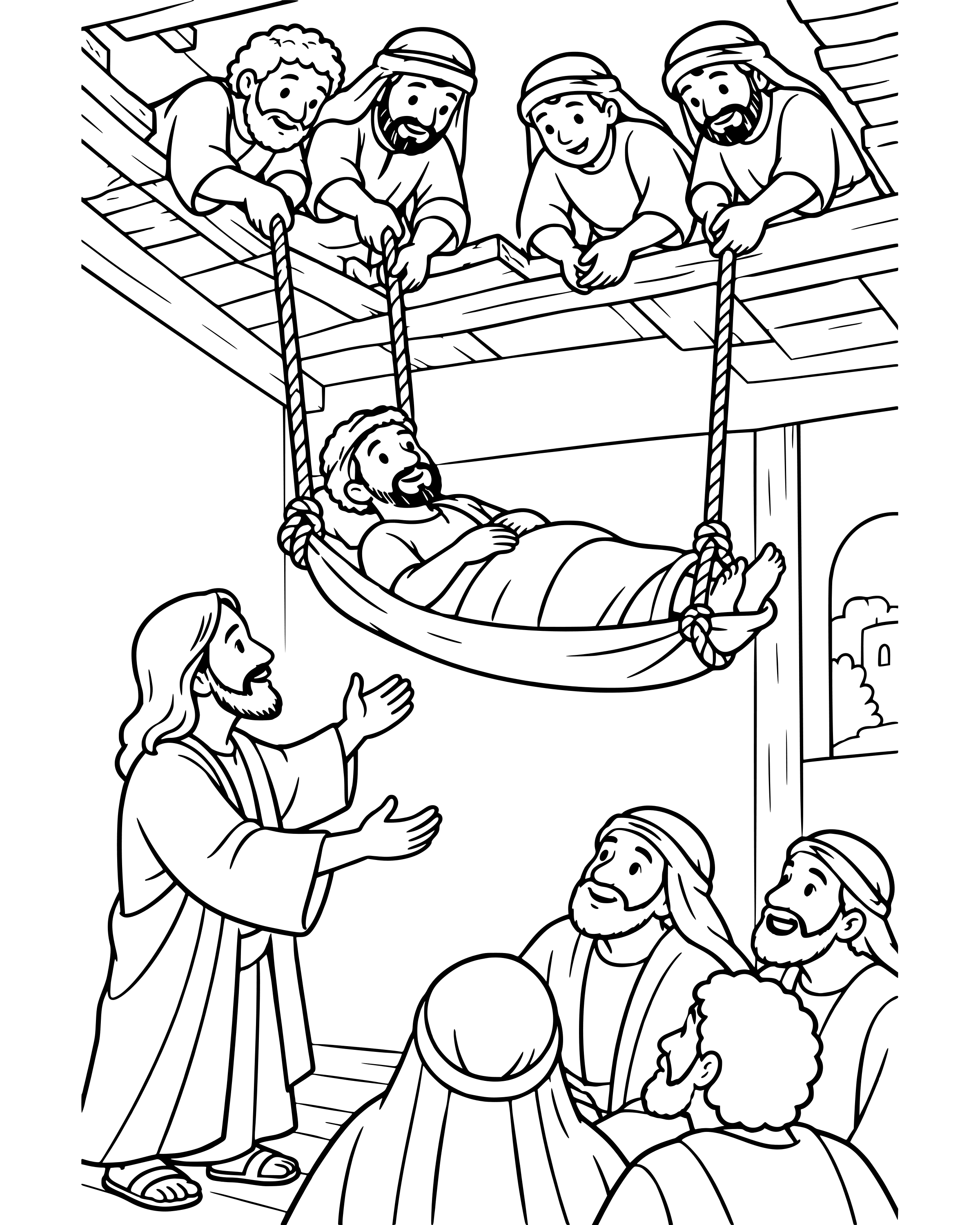 Simple Friends Lower a Man Through the Roof coloring page