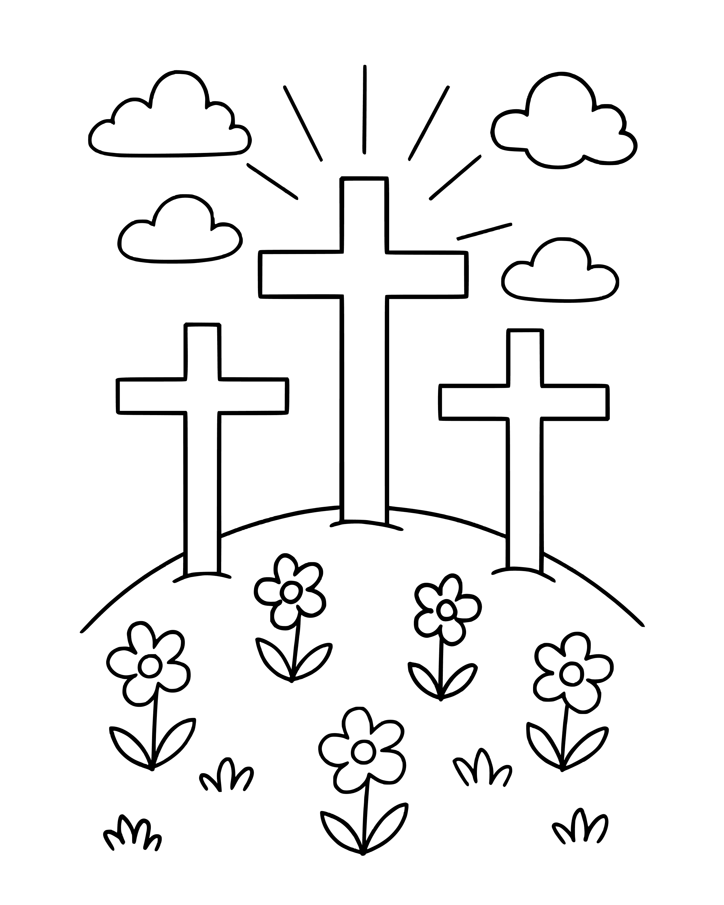 Three Crosses on a Hill – simple printable coloring page for ages 5–7