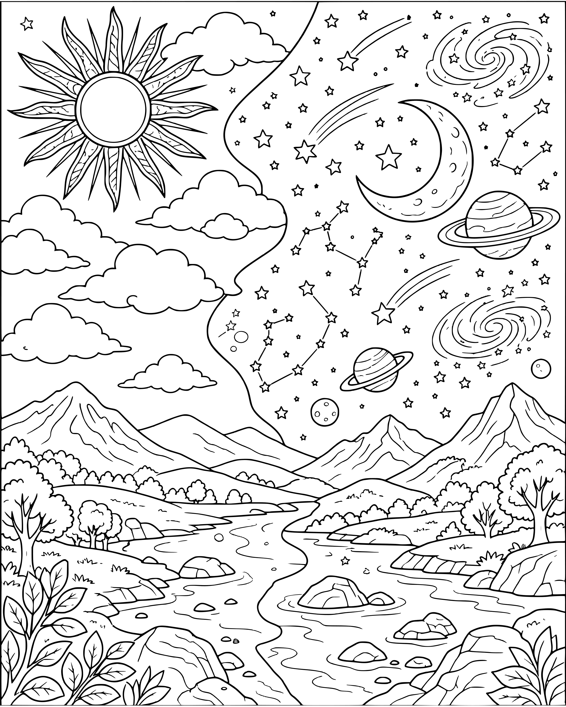 Detailed Day 4: Sun, Moon and Stars coloring page
