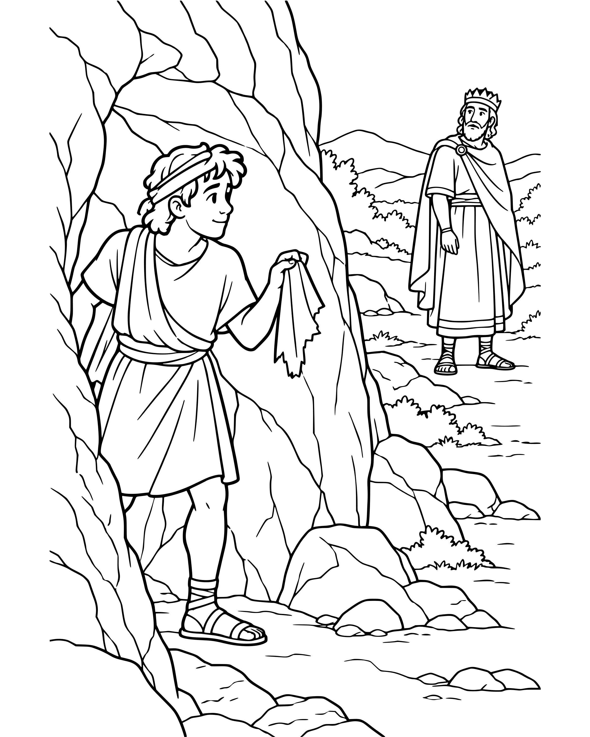 David Is Kind to King Saul, simple printable coloring page for ages 5–7