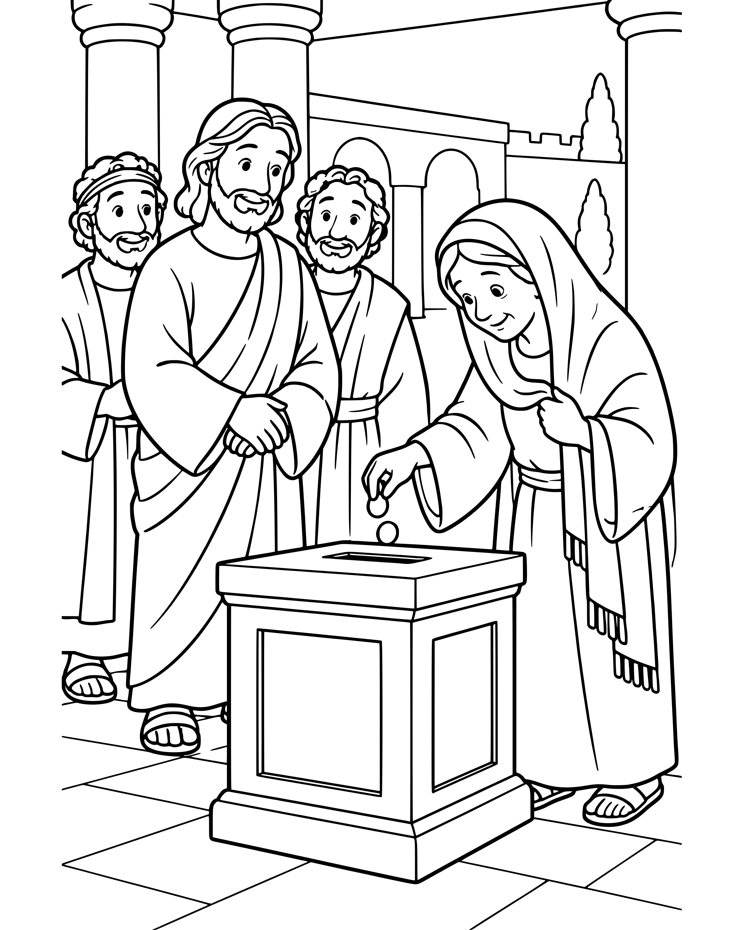 The Widow's Two Small Coins, simple printable coloring page for ages 5–7