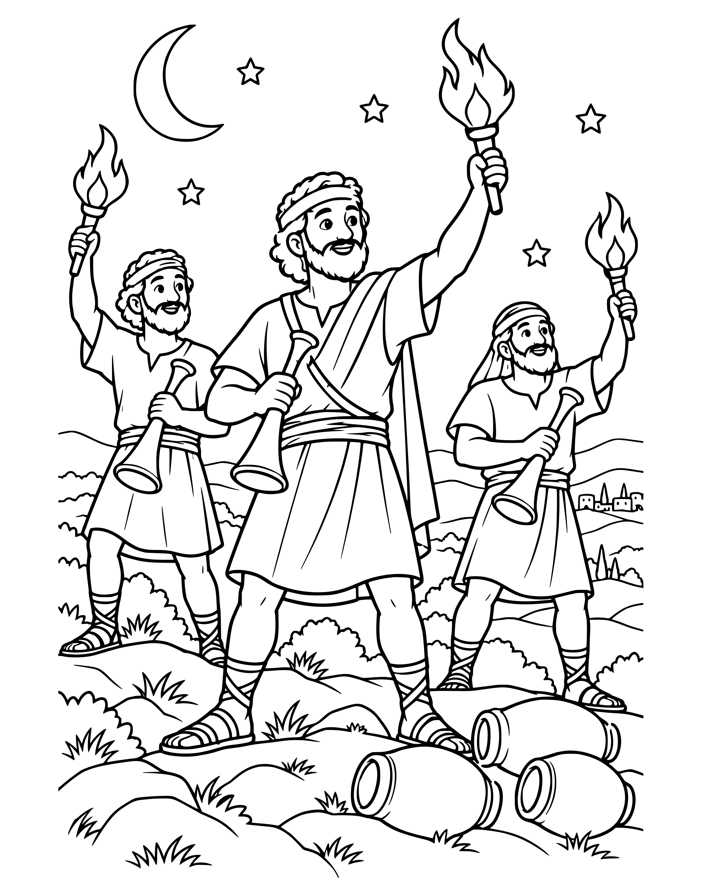 Detailed Gideon's Trumpets and Jars coloring page