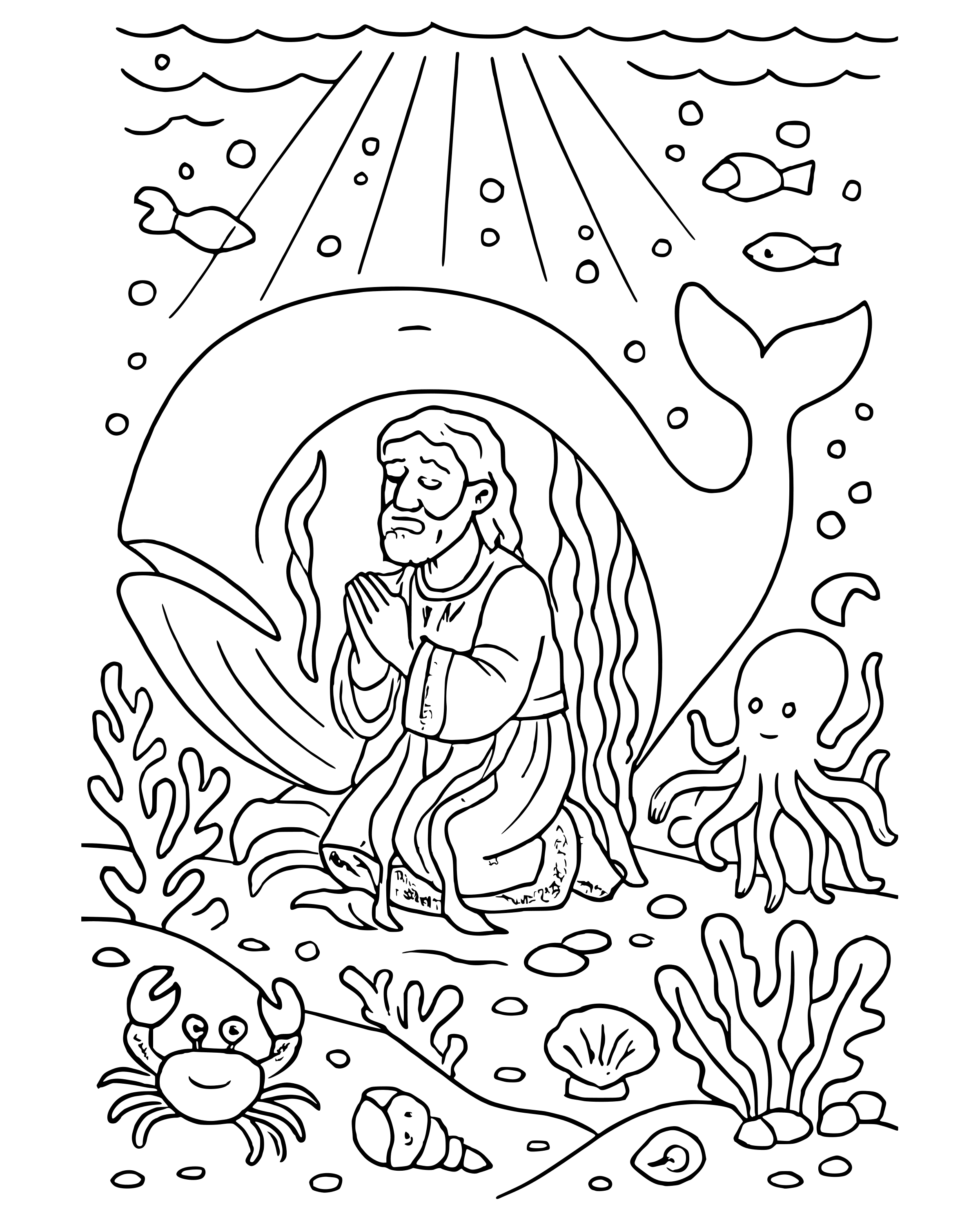 Jonah Prays Inside the Fish – detailed printable coloring page for ages 8–12