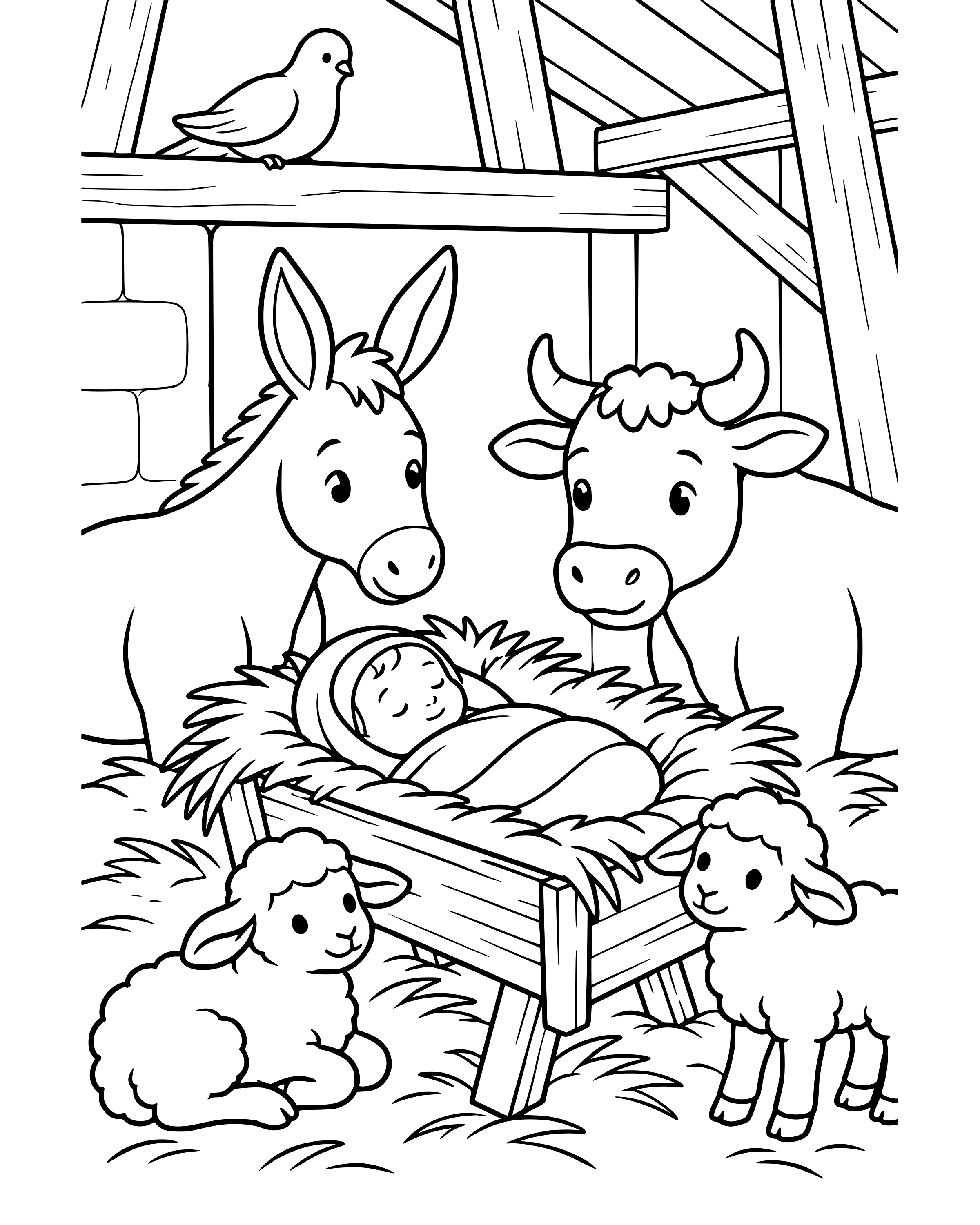 Simple Animals Around the Manger coloring page