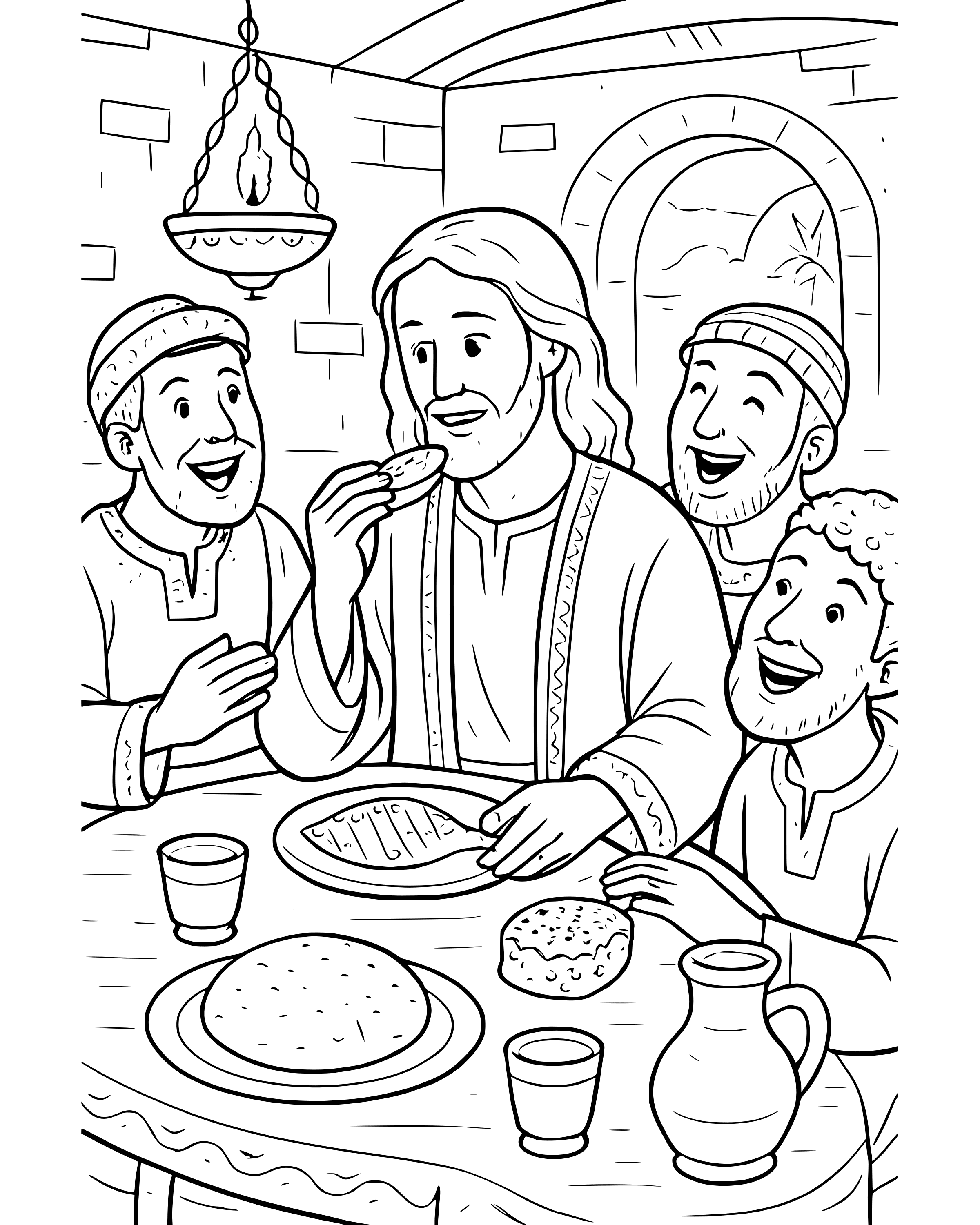 Detailed Jesus Eats Fish with His Friends coloring page