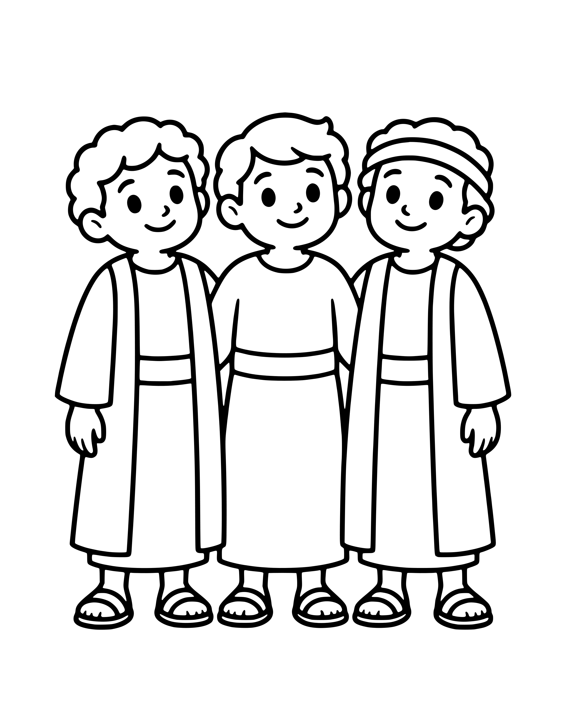 Three Friends Will Not Bow Down, easy printable coloring page for ages 2–4