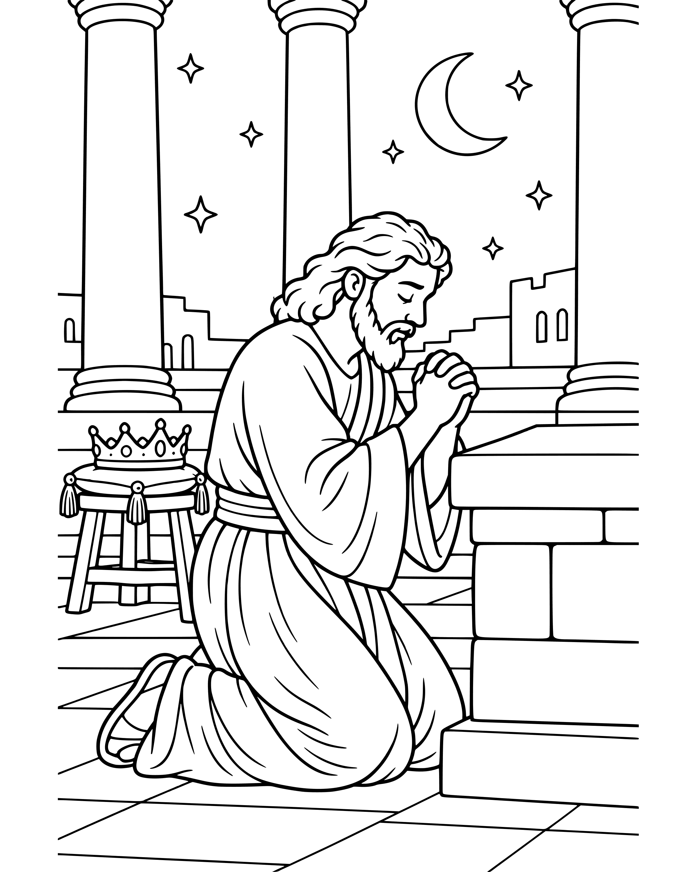 Solomon Asks for Wisdom, detailed printable coloring page for ages 8–12