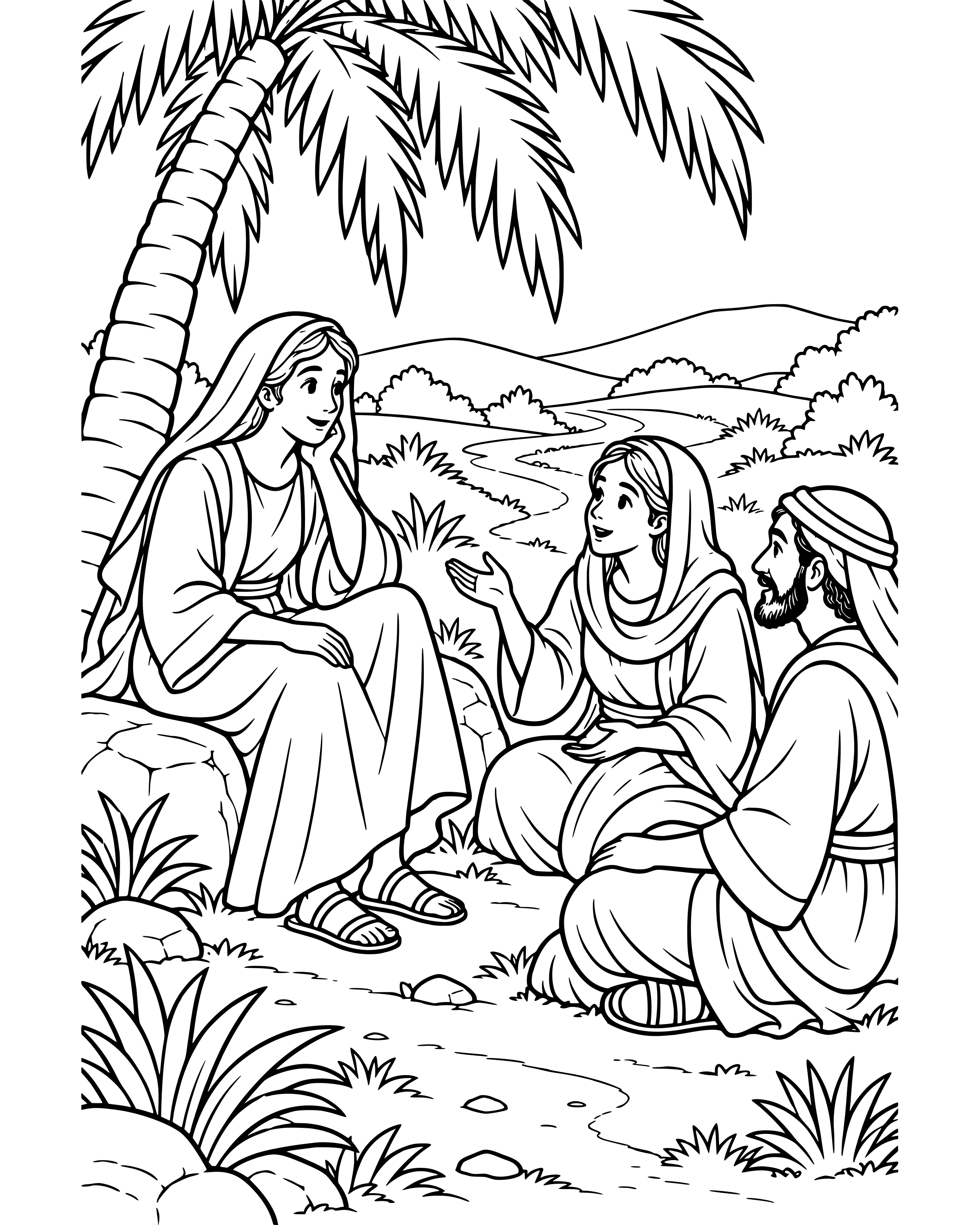 Detailed Deborah Under the Palm Tree coloring page