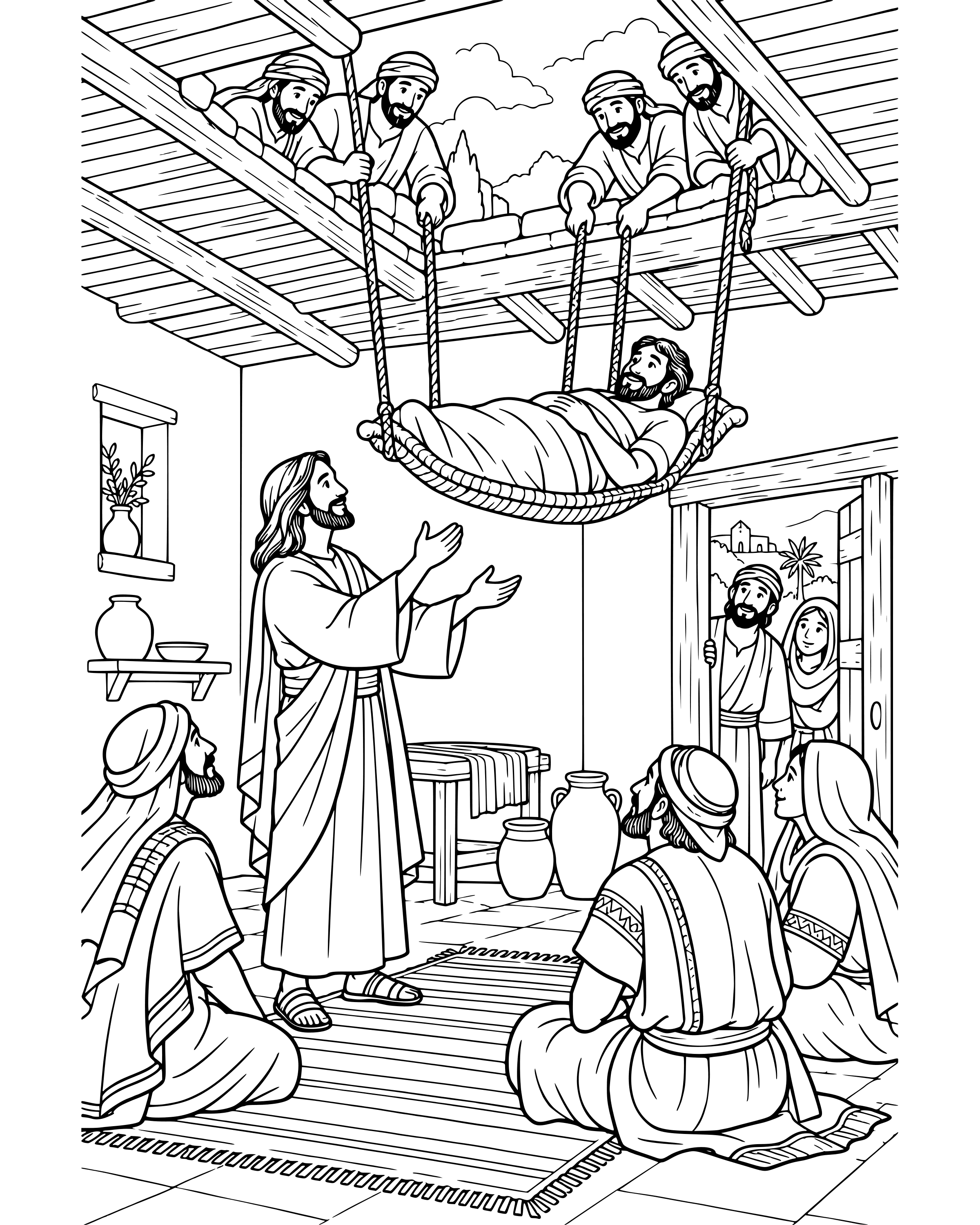 Detailed Friends Lower a Man Through the Roof coloring page