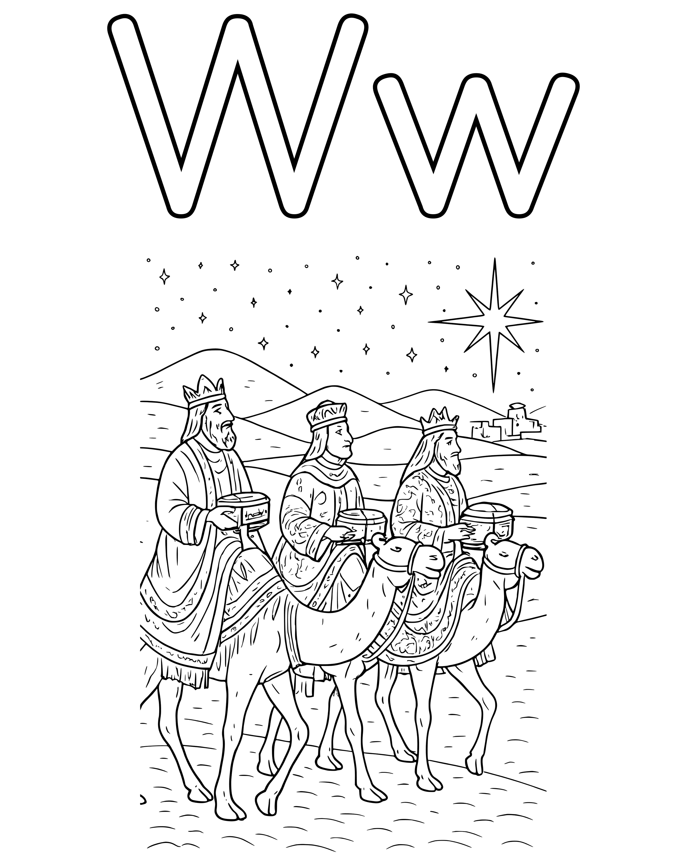 W Is for Wise Men – detailed printable coloring page for ages 8–12