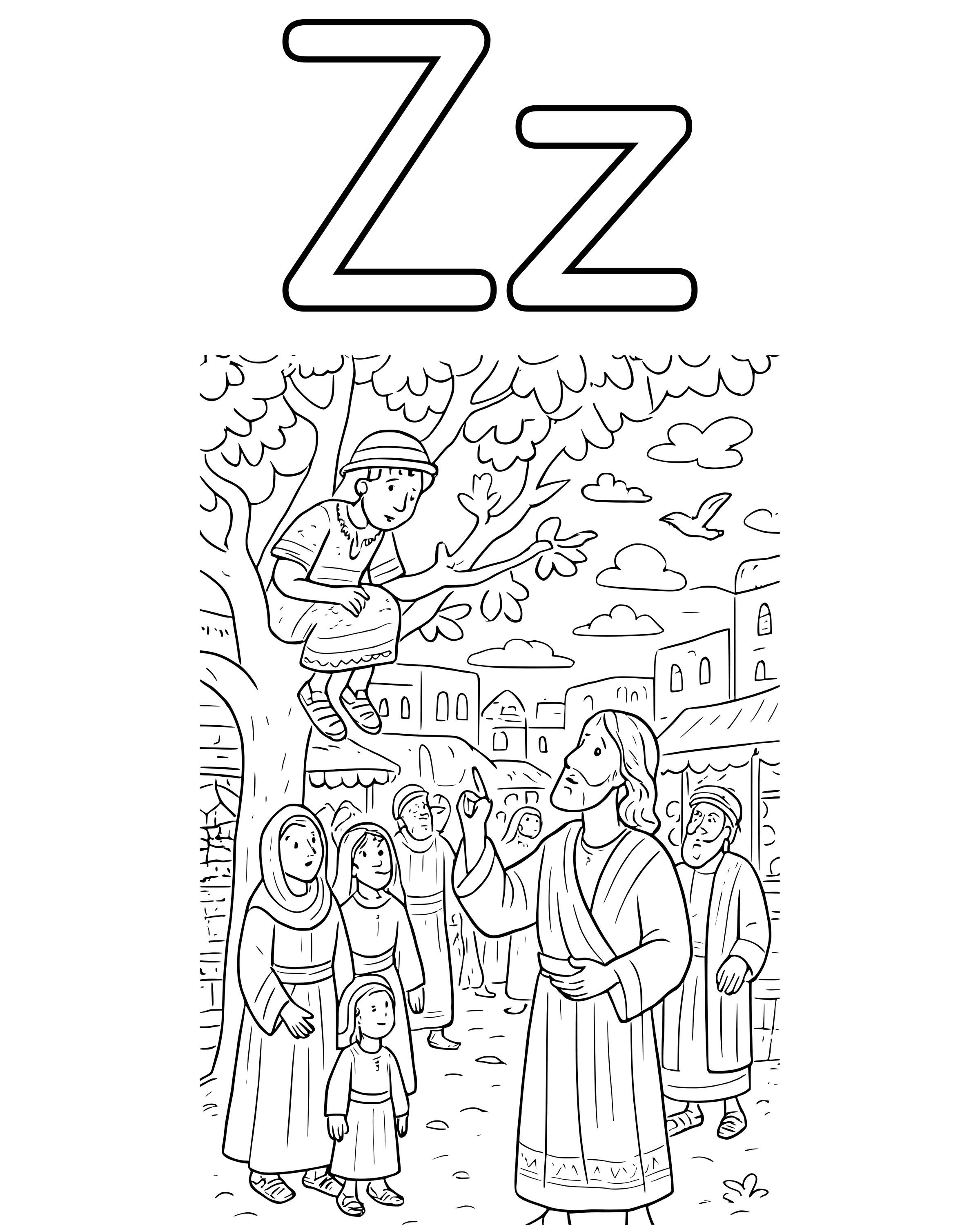 Detailed Z Is for Zacchaeus coloring page